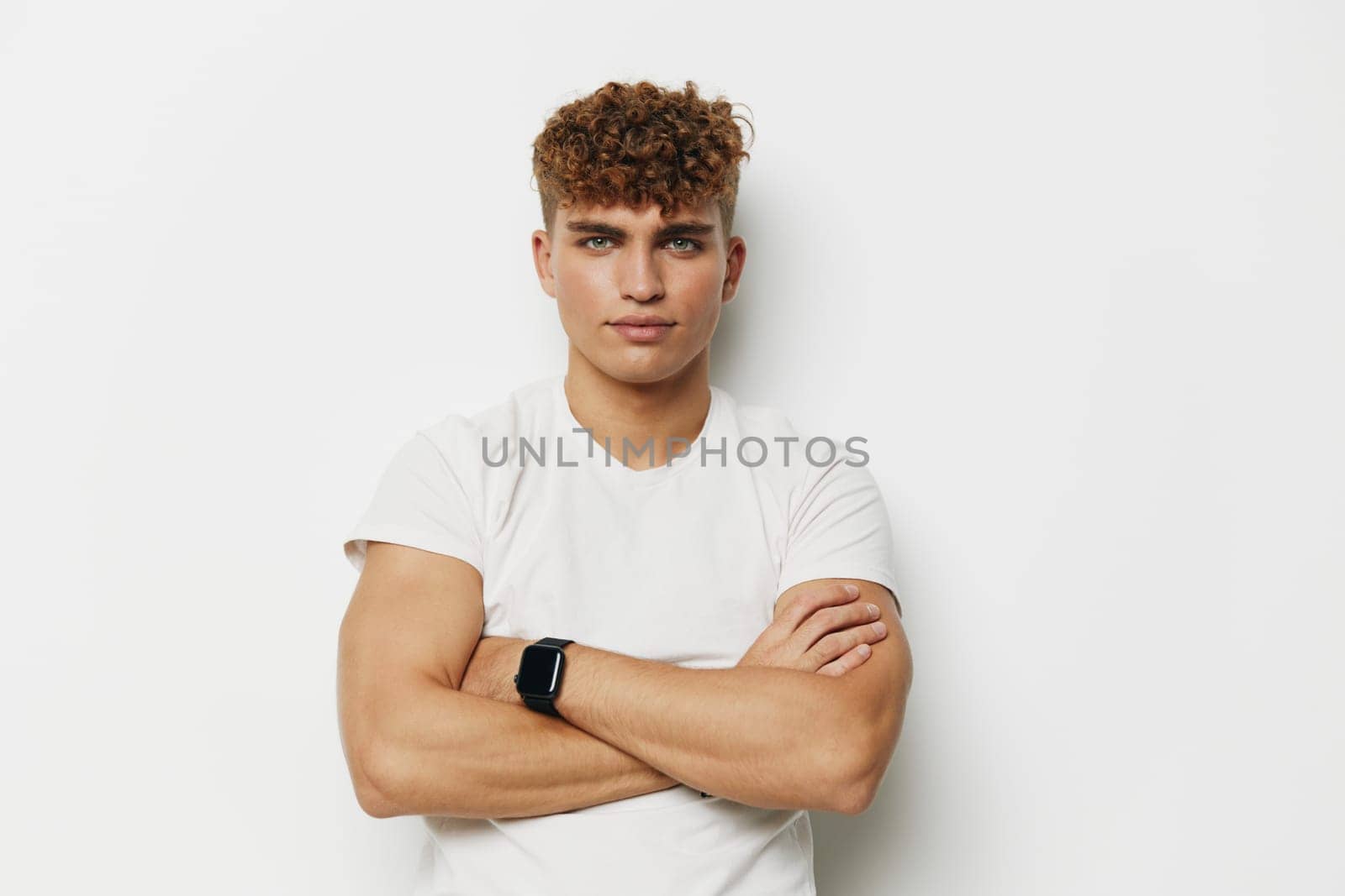 man athletic bicep beauty healthy jeans standing smile sexy white male torso by SHOTPRIME