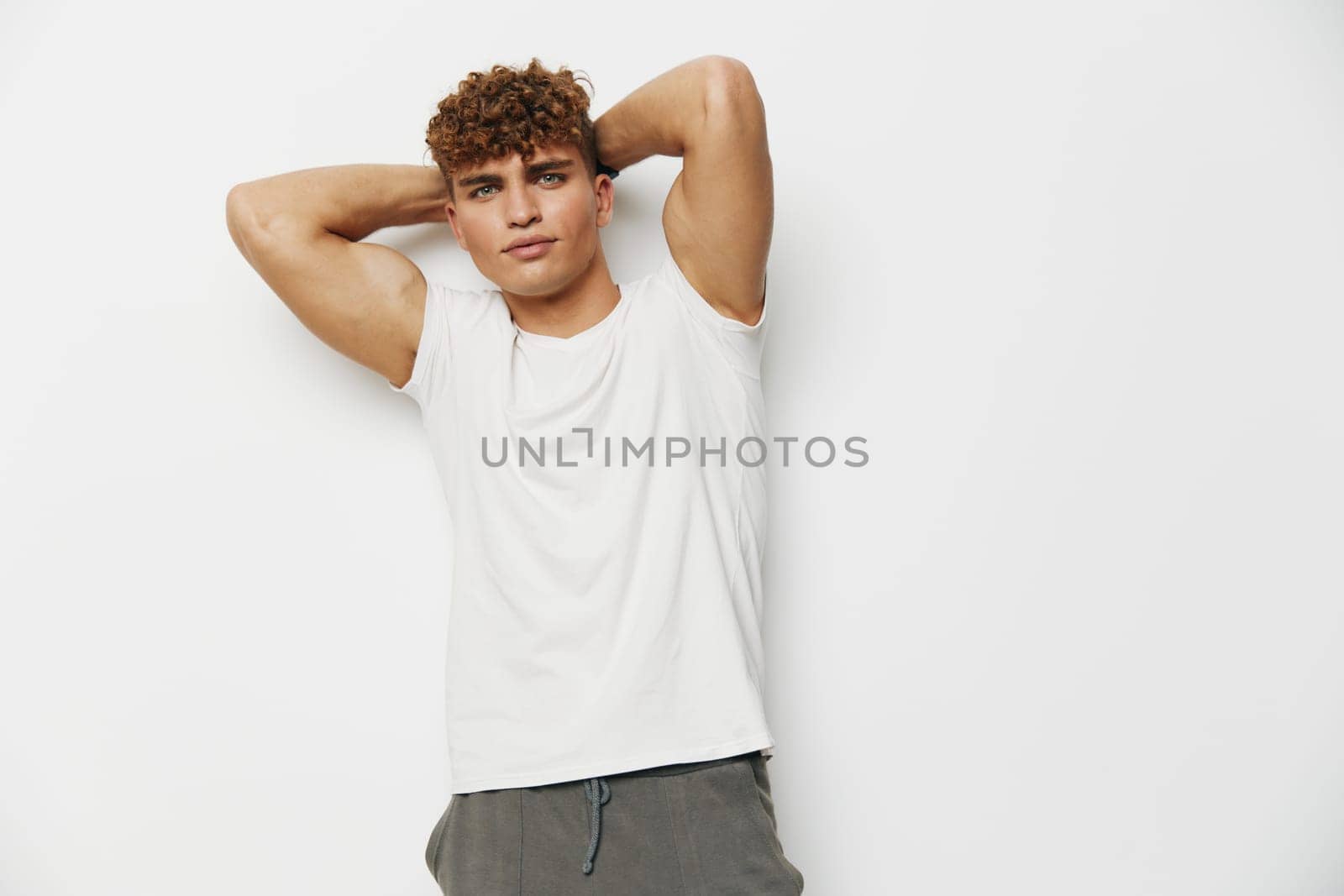 man abs gray lifestyle white athletic young attractive beauty white background t-shirt by SHOTPRIME