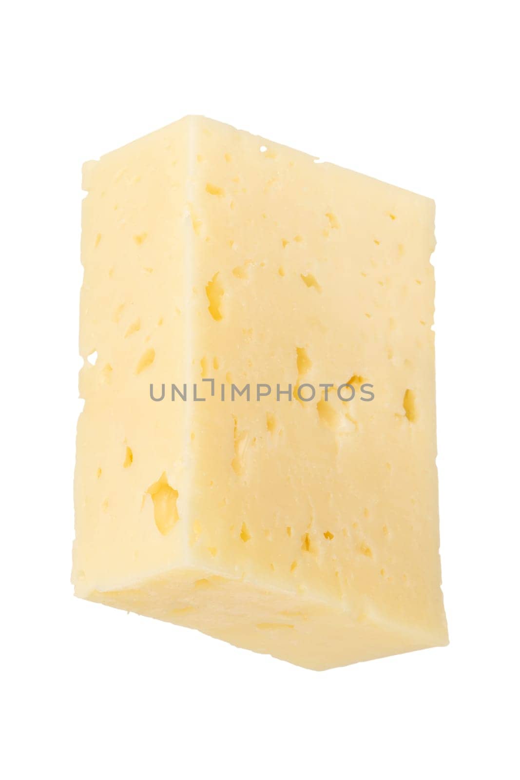 Big piece of cheese isolated on white background. Cheese for pizza. A piece of cheese cut into rectangle on a white background, close-up. Insert into a design or project. by SERSOL