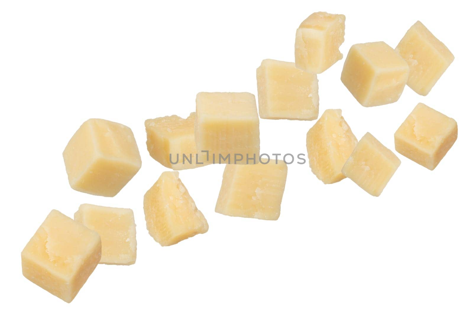 Pieces of hard parmesan cheese isolated on white background. Pieces of square-shaped parmesan on a white background, close-up. Italian variety of hard cheese, long maturation. by SERSOL