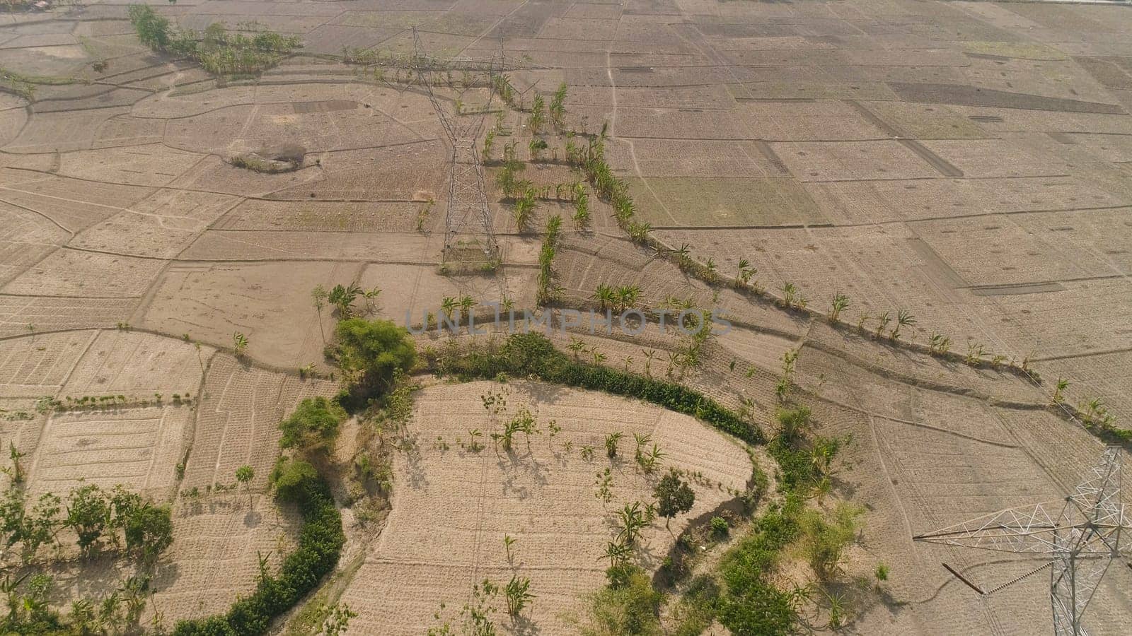 Electricity pylons bearing power supply across rural landscape. aerial view power pylons and high voltage lines java, indonesia.High voltage metal post, tower. Electric Power Transmission Lines over trees.