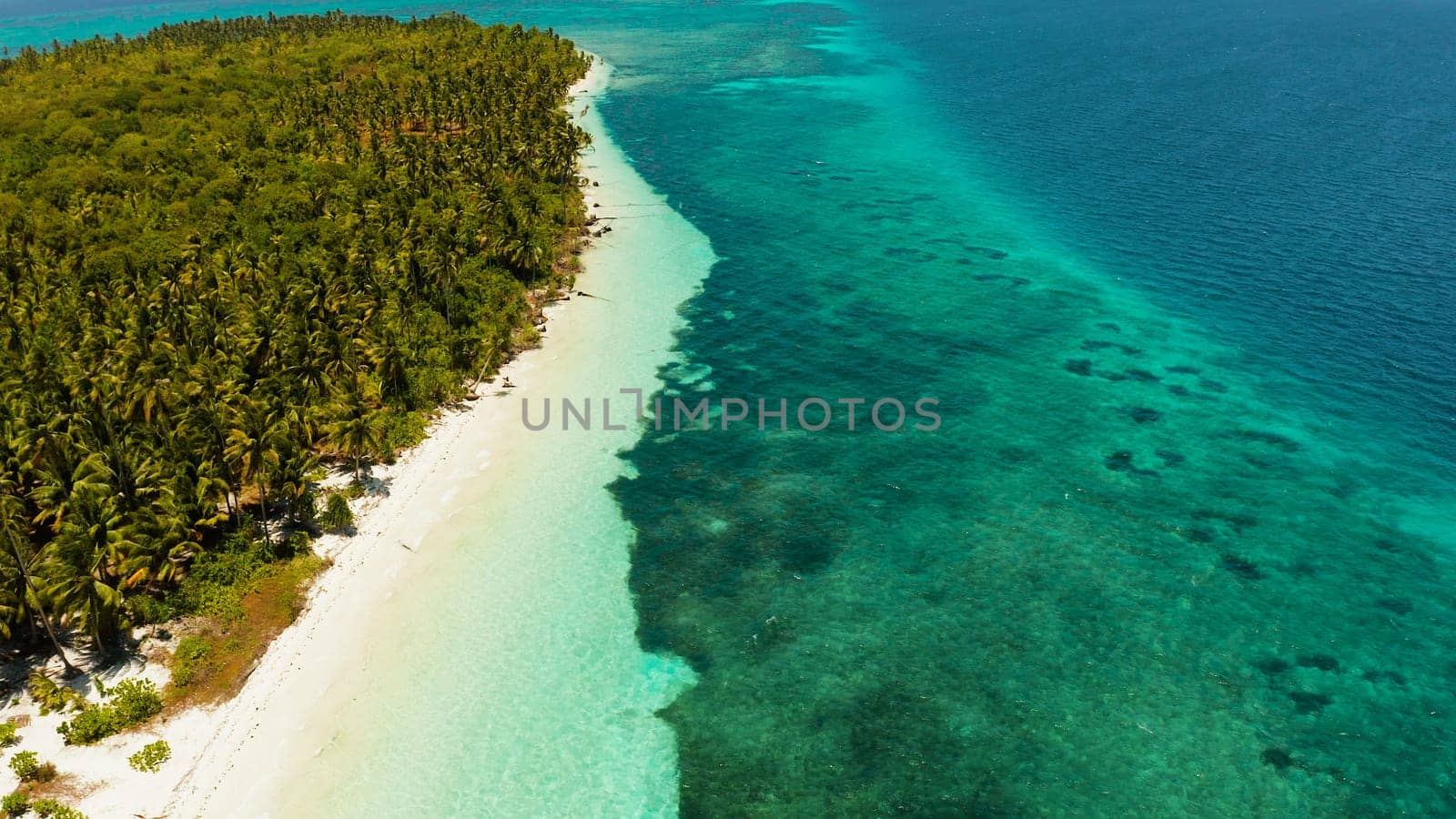 Tropical island with sandy beach by atoll with coral reef and blue sea, aerial view. Patongong Island with sandy beach. Summer and travel vacation concept.