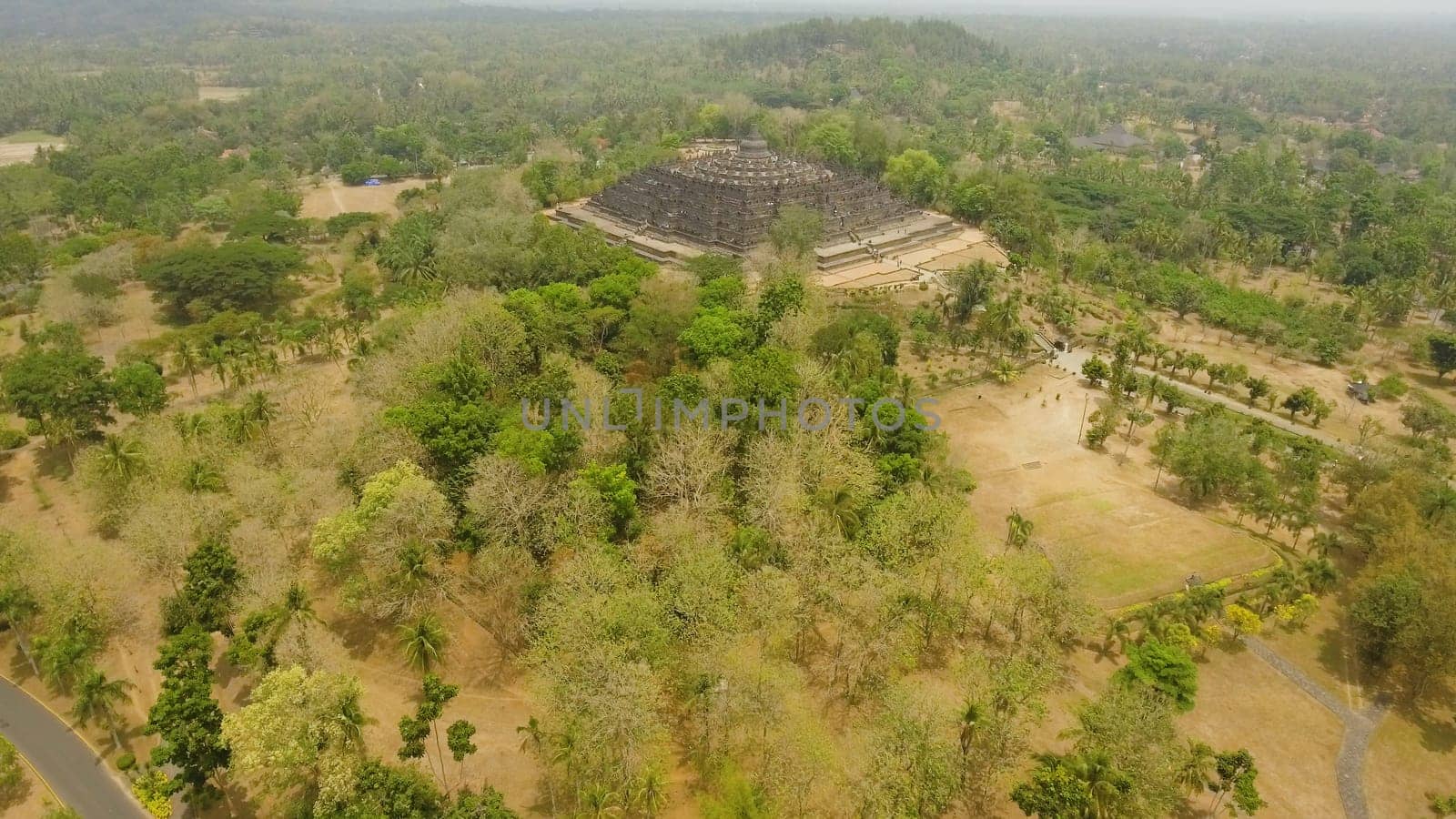aerial view buddist temple Borobudur complex in Yogjakarta Java, indonesia. tourist attraction, Unesco world heritage. Candi Borobudur