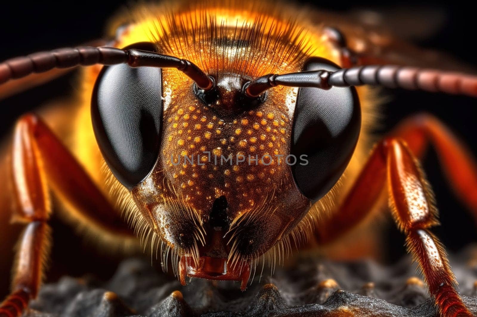 Close-up of a bee's head. Macro photography. Generative AI.