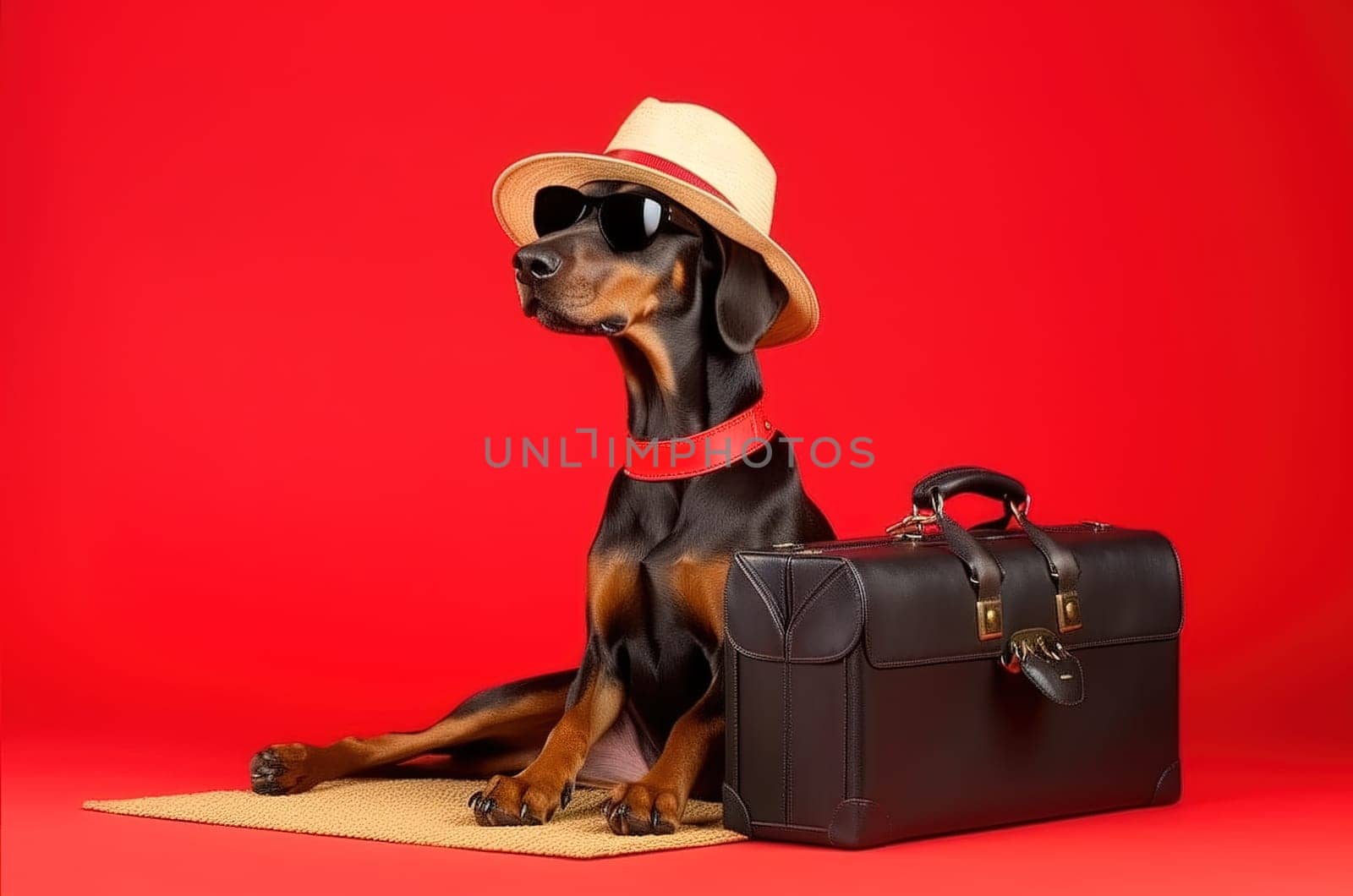 Doberman breed dog, in sunglasses, in a hat, on a red background in the studio, next to suitcases for vacation, summer travel concept. Generative AI.