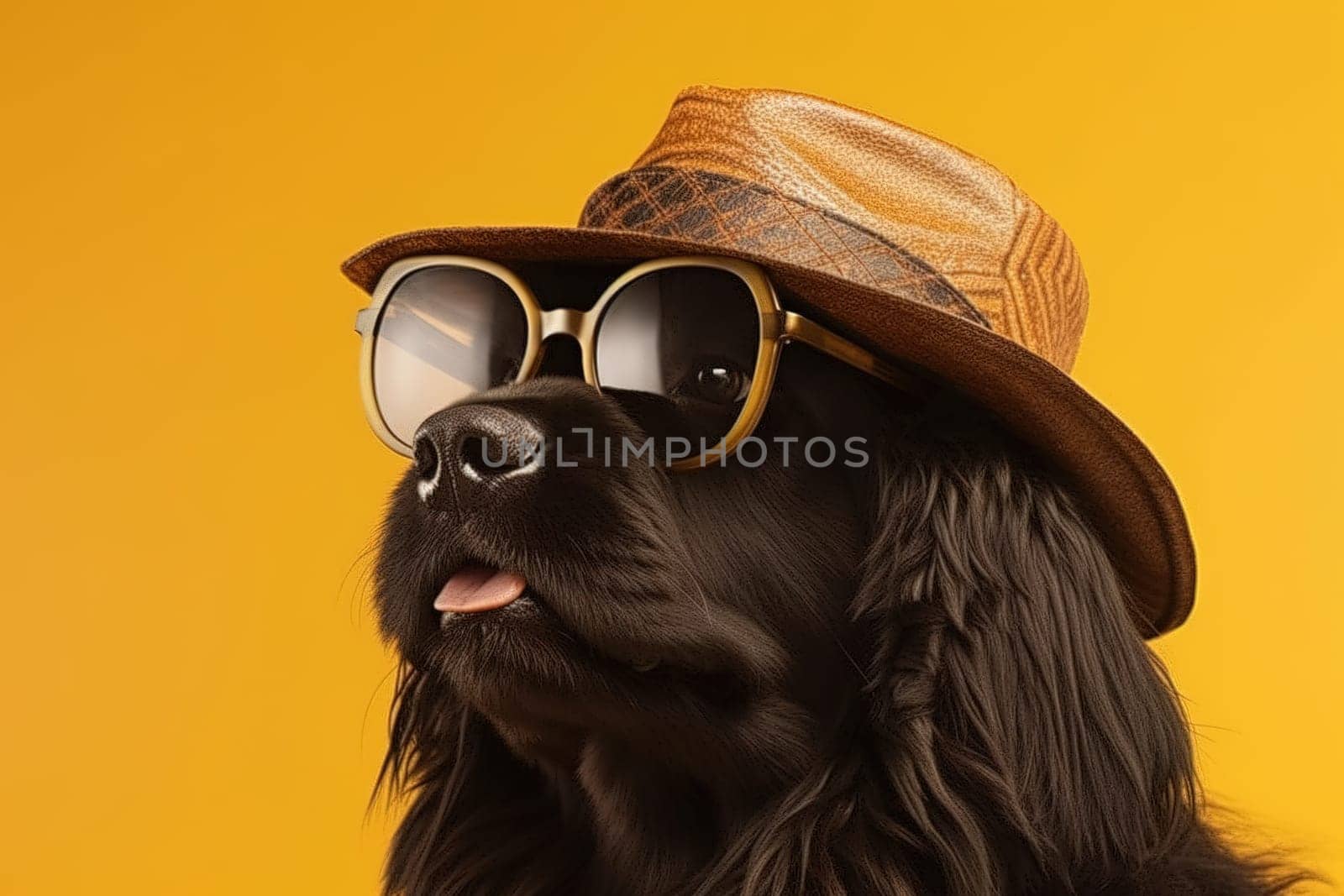 Portrait of a stylish Newfoundland dog in glasses and a hat close-up. Travel concept. Generative AI.