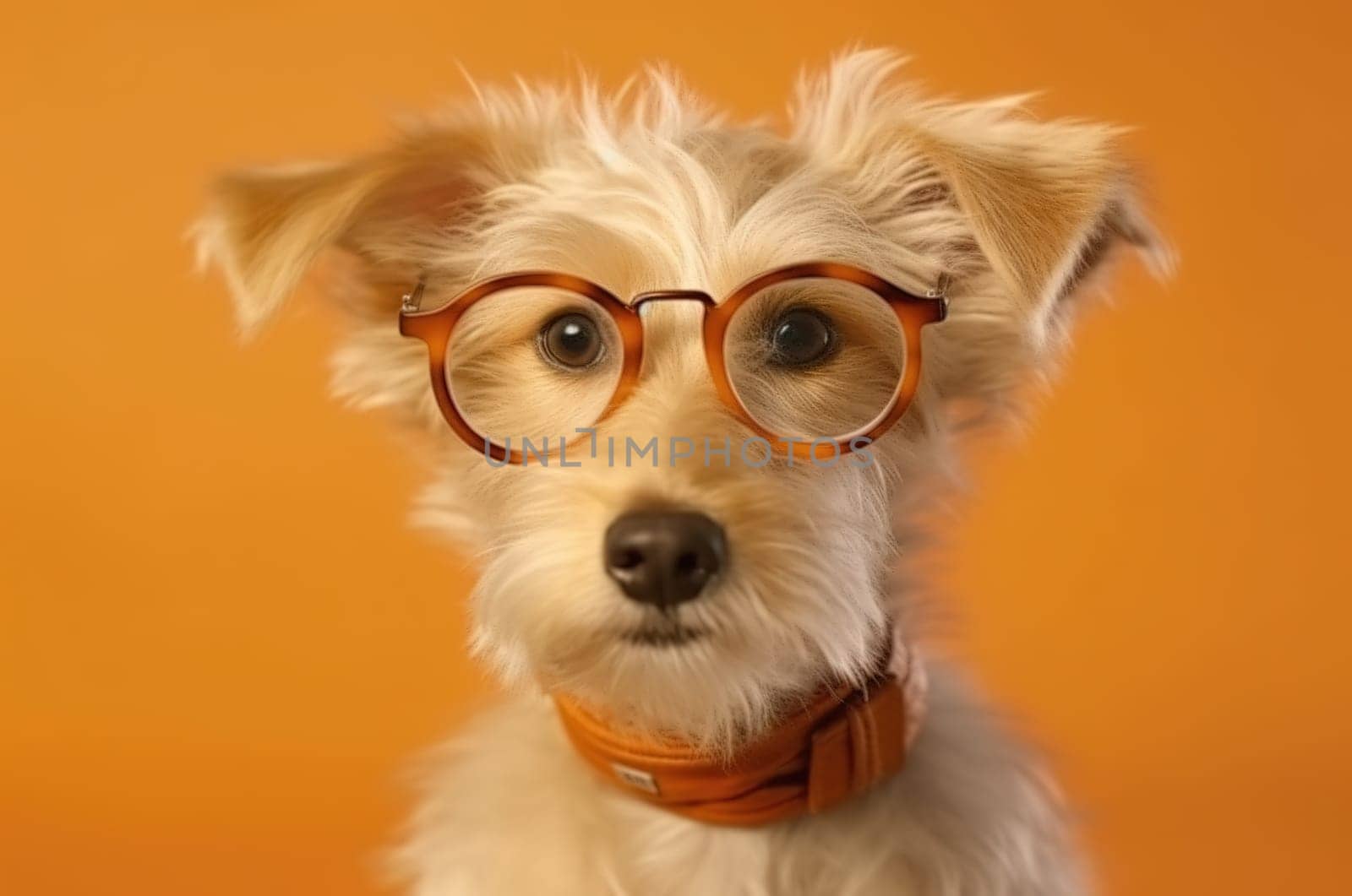 Portrait of a stylish dog in glasses close-up. Generative AI.