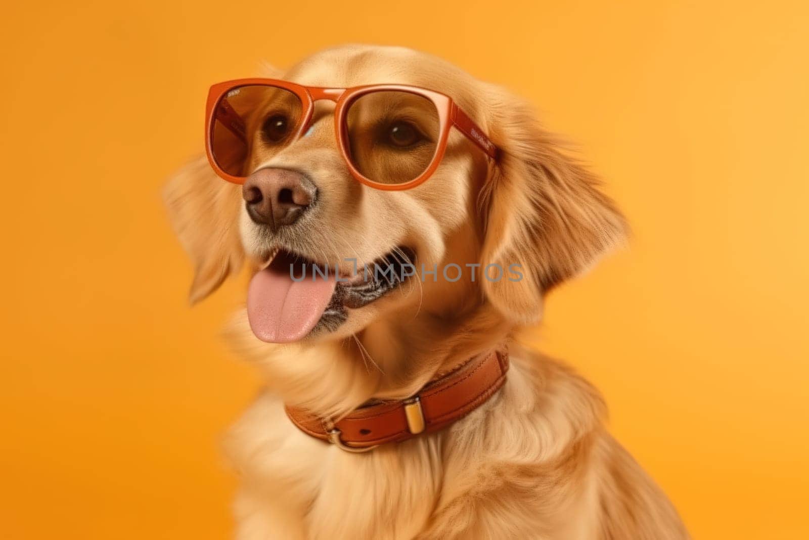 Portrait of a stylish dog in glasses close-up. Generative AI.