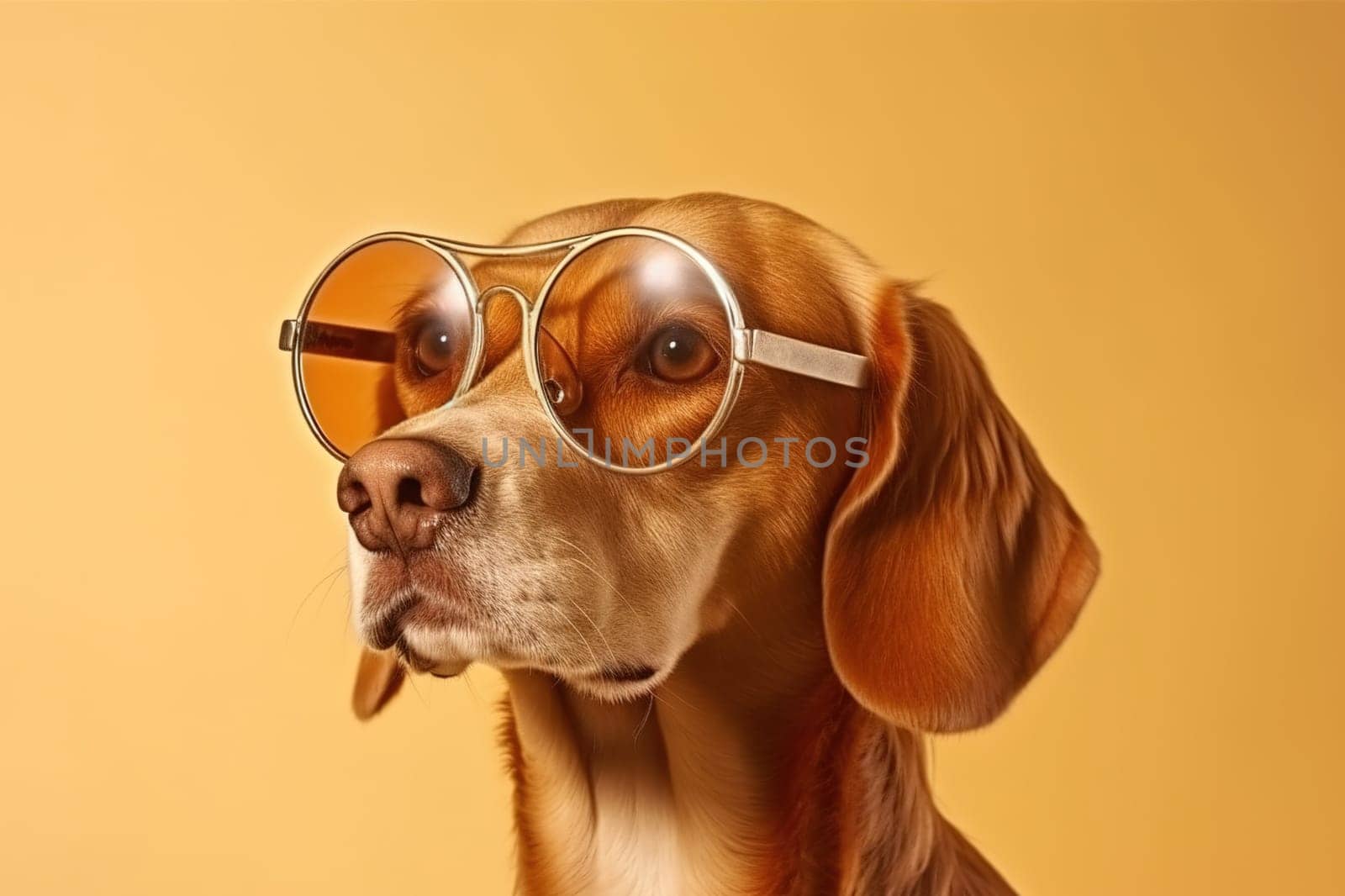 Portrait of a stylish dog in glasses close-up. Generative AI.