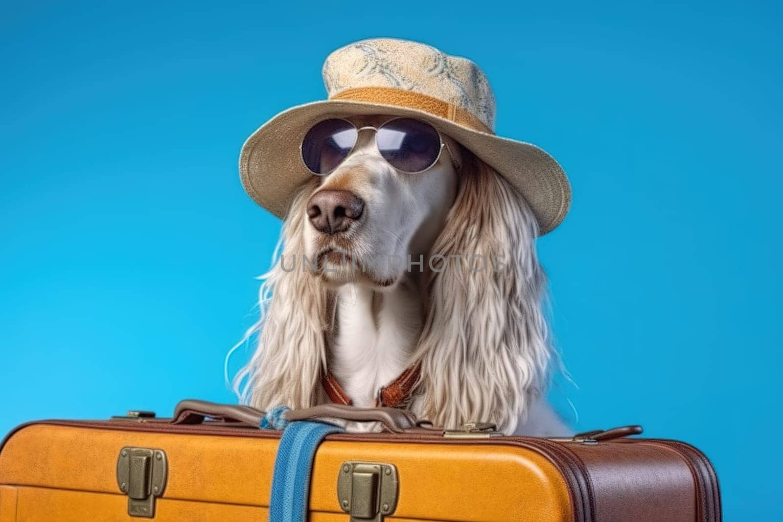 Afghan hound breed dog, wearing sunglasses, wearing a hat, with suitcases for vacation, summer travel concept. Generative AI.
