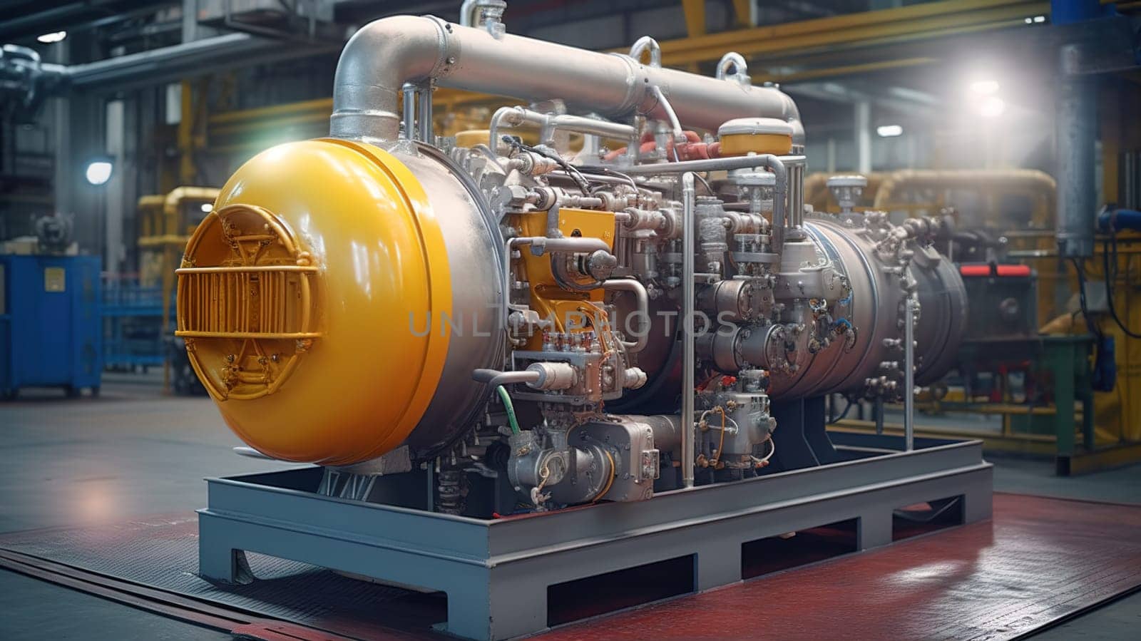 Huge industrial compressor in production. Generative AI.