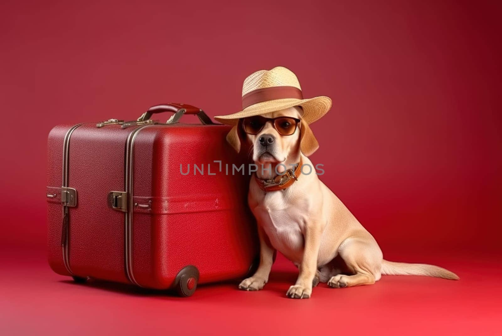 Labrador dog breed, wearing sunglasses, wearing a hat, with suitcases for vacation, summer travel concept. Generative AI.