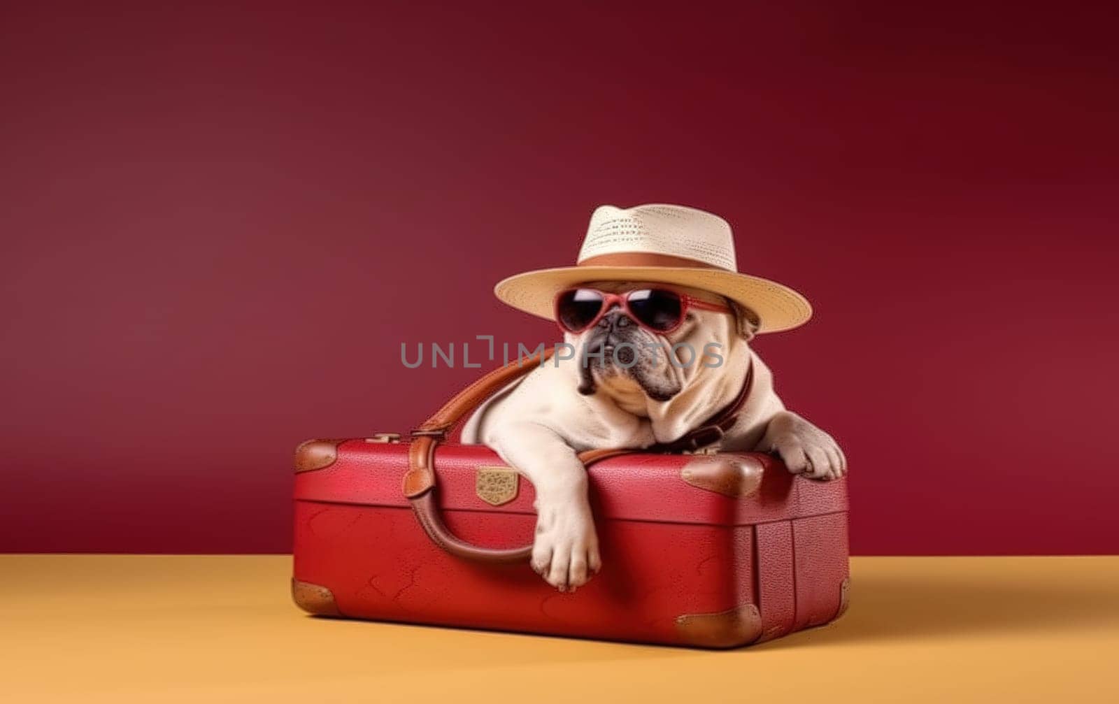 Bulldog dog breed, wearing sunglasses, wearing a hat, with suitcases for vacation, summer travel concept. Generative AI.