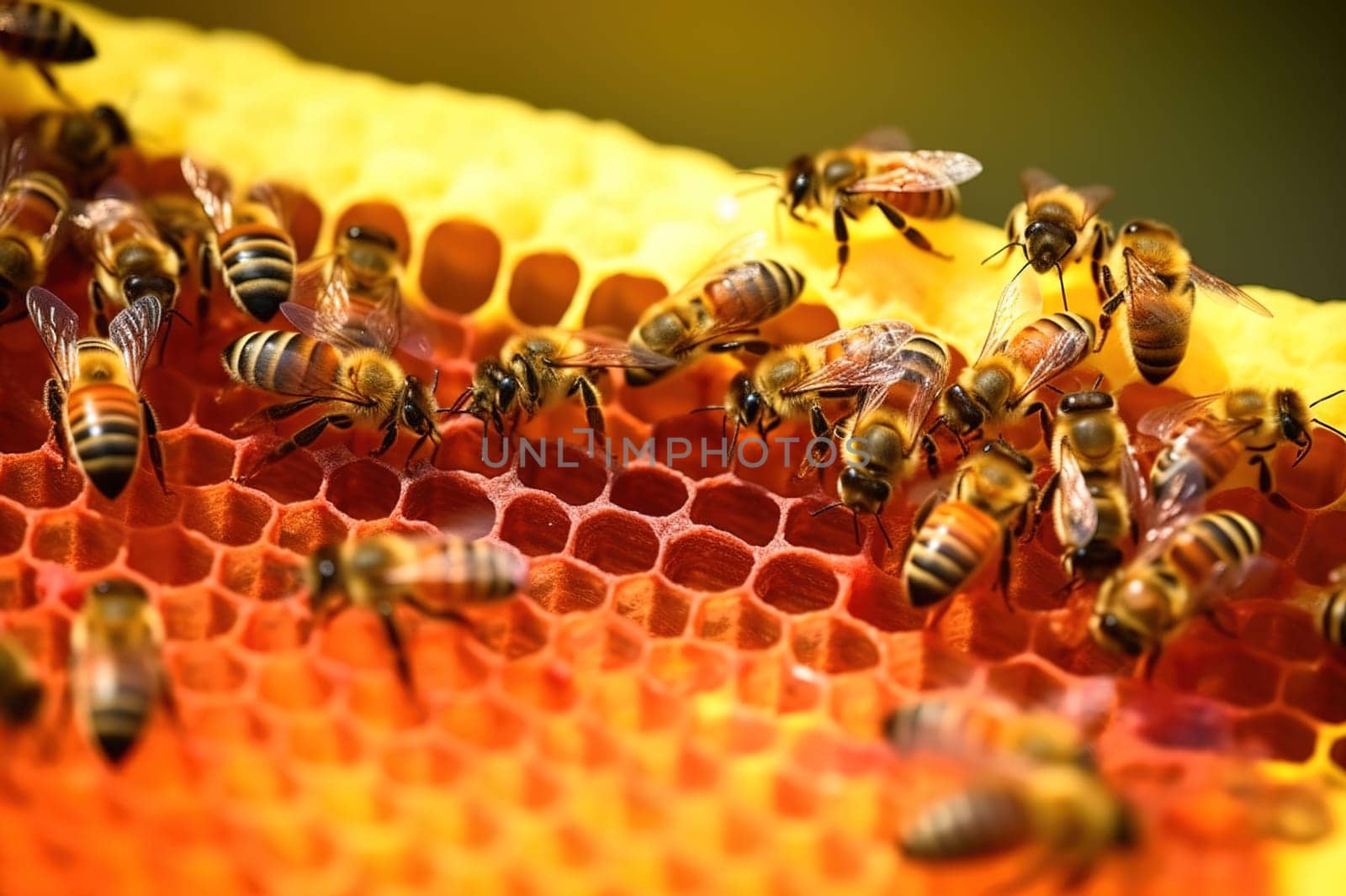 A family of bees collects honey in honeycombs. Generative AI.