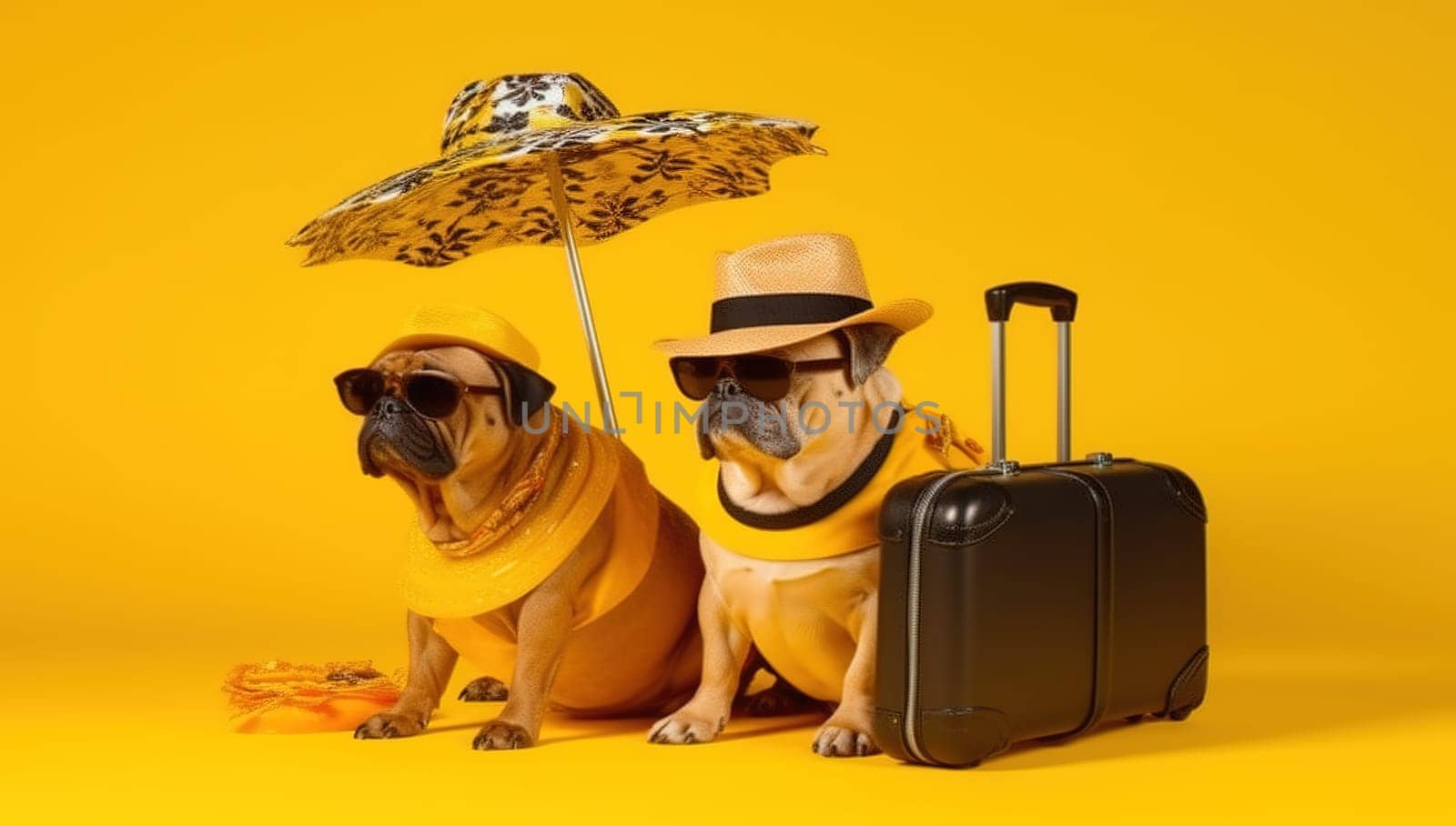 Bulldog dog breed, wearing sunglasses, wearing a hat, with suitcases for vacation, summer travel concept. Generative AI.