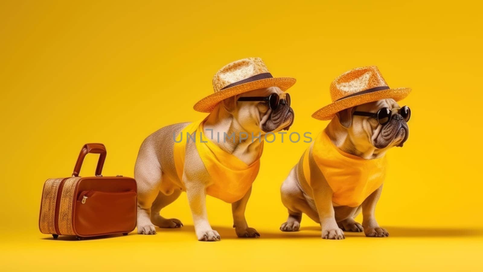 Bulldog dog breed, wearing sunglasses, wearing a hat, with suitcases for vacation, summer travel concept. Generative AI.