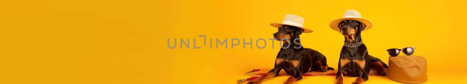 Doberman breed dogs, wearing sunglasses, wearing a hat, on a yellow background in the studio, next to suitcases for vacation, summer travel concept. website banner. Generative AI by Yurich32