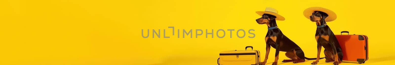 Doberman breed dogs, wearing sunglasses, wearing a hat, on a yellow background in the studio, next to suitcases for vacation, summer travel concept. website banner. Generative AI by Yurich32