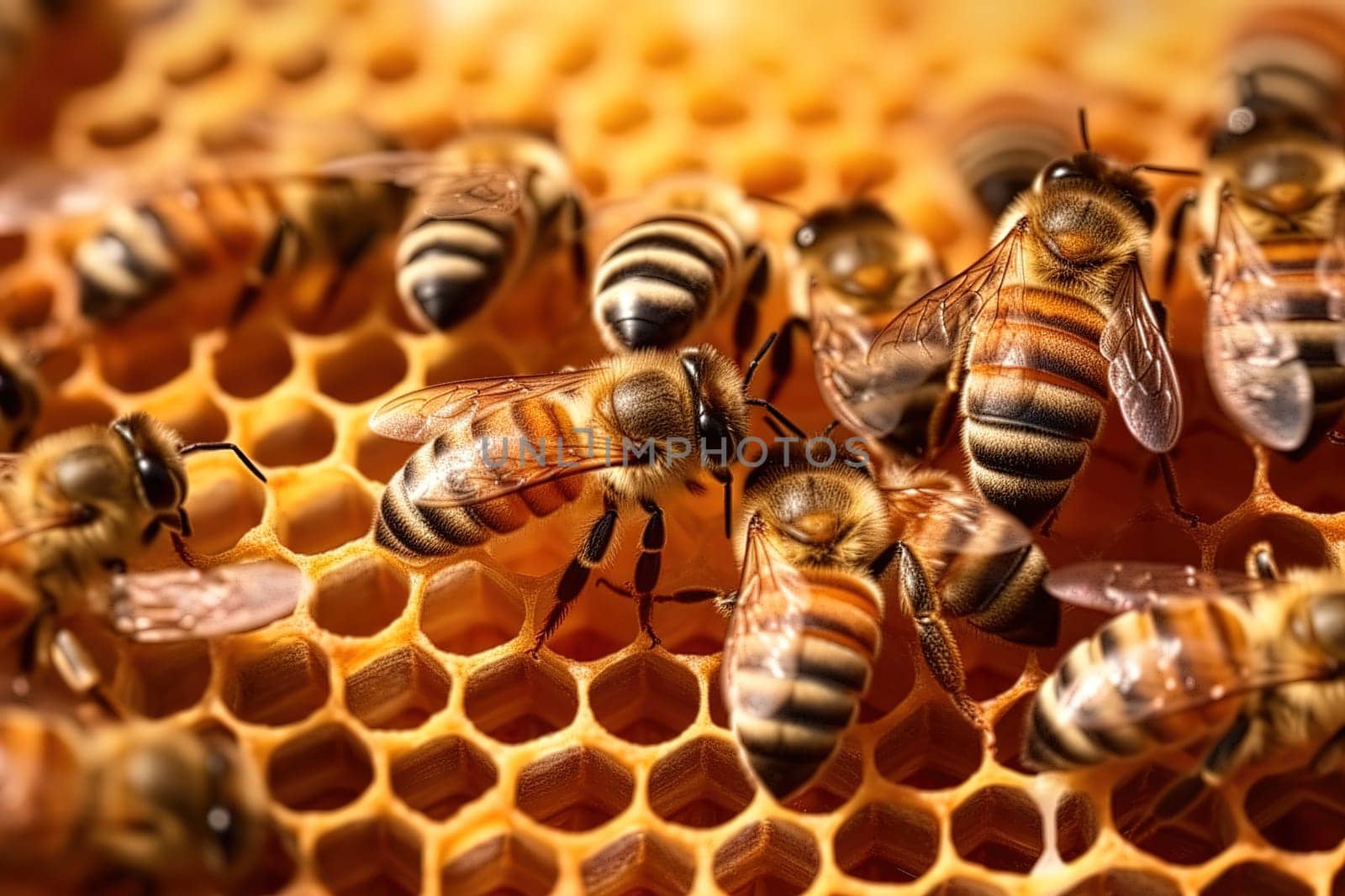 A family of bees collects honey in honeycombs. Generative AI.