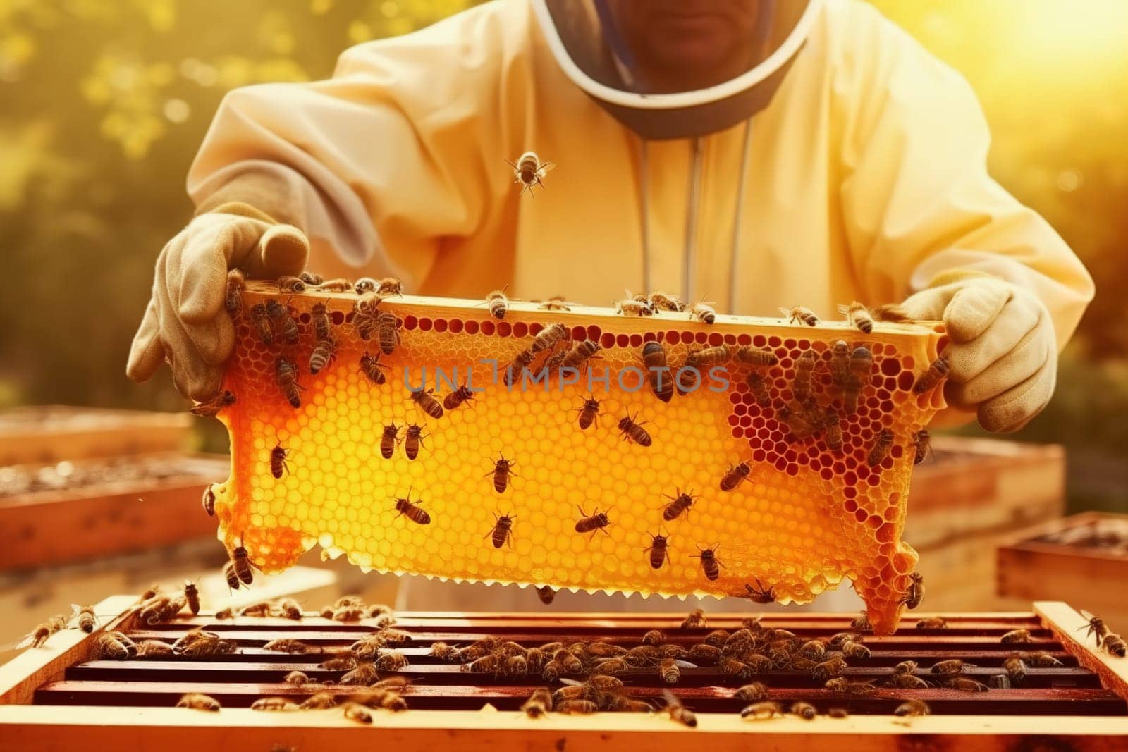 The beekeeper collects honey from the honeycombs in the apiary. Generative AI.
