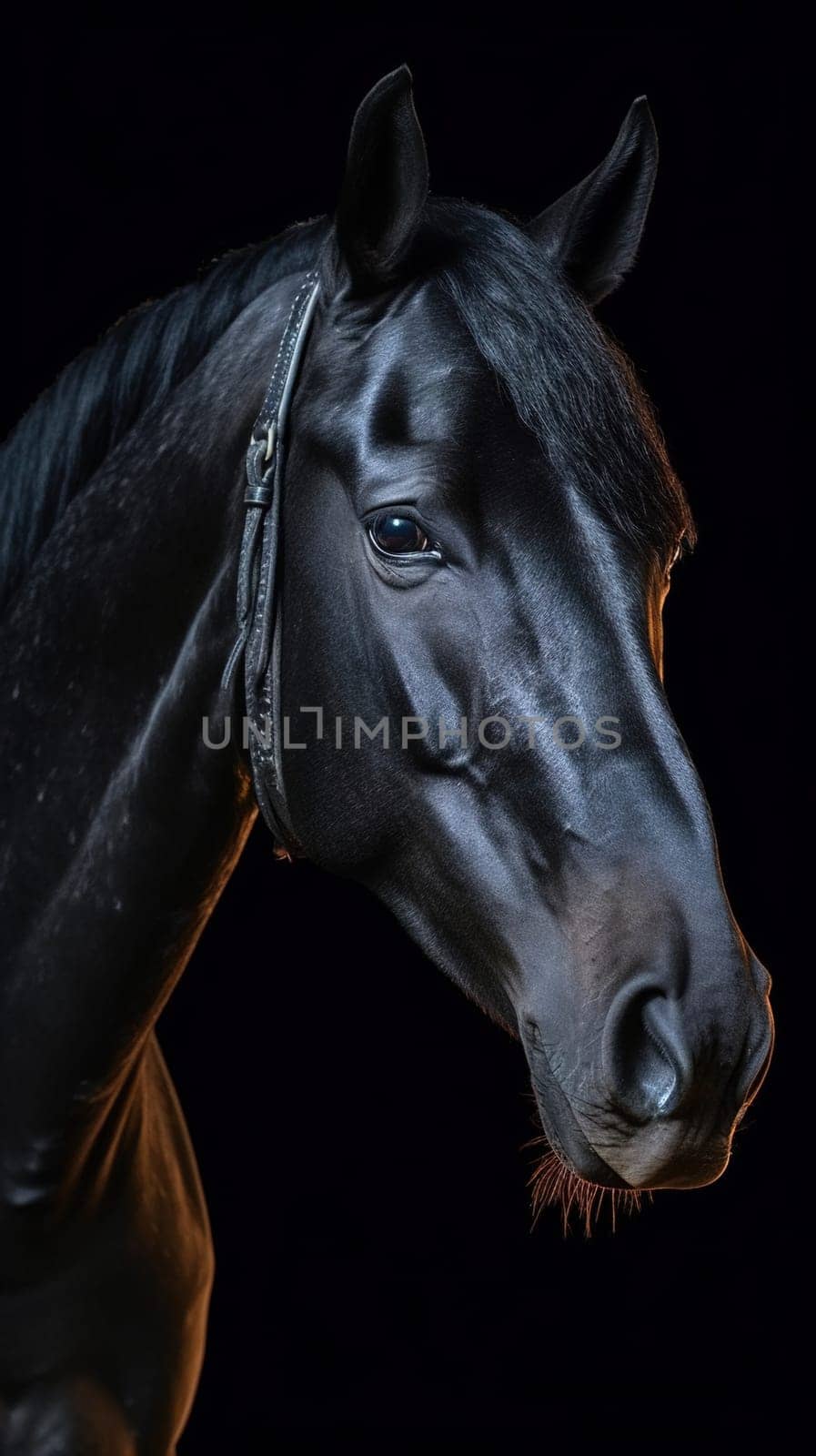 Portrait of a black horse, close-up. vertically. Generative AI.