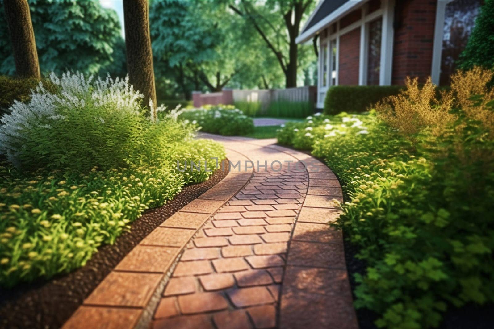 Clinker brick path to the house, landscaping. Generative AI. High quality illustration