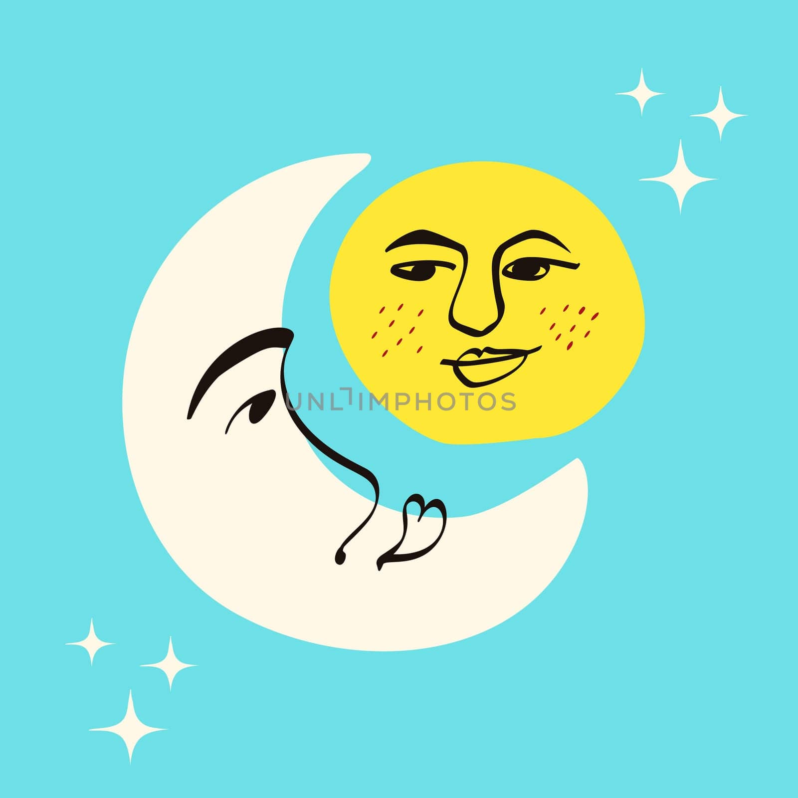 Sun and moon. Freaky quirky moon . Card in modern cartoon style by Dustick