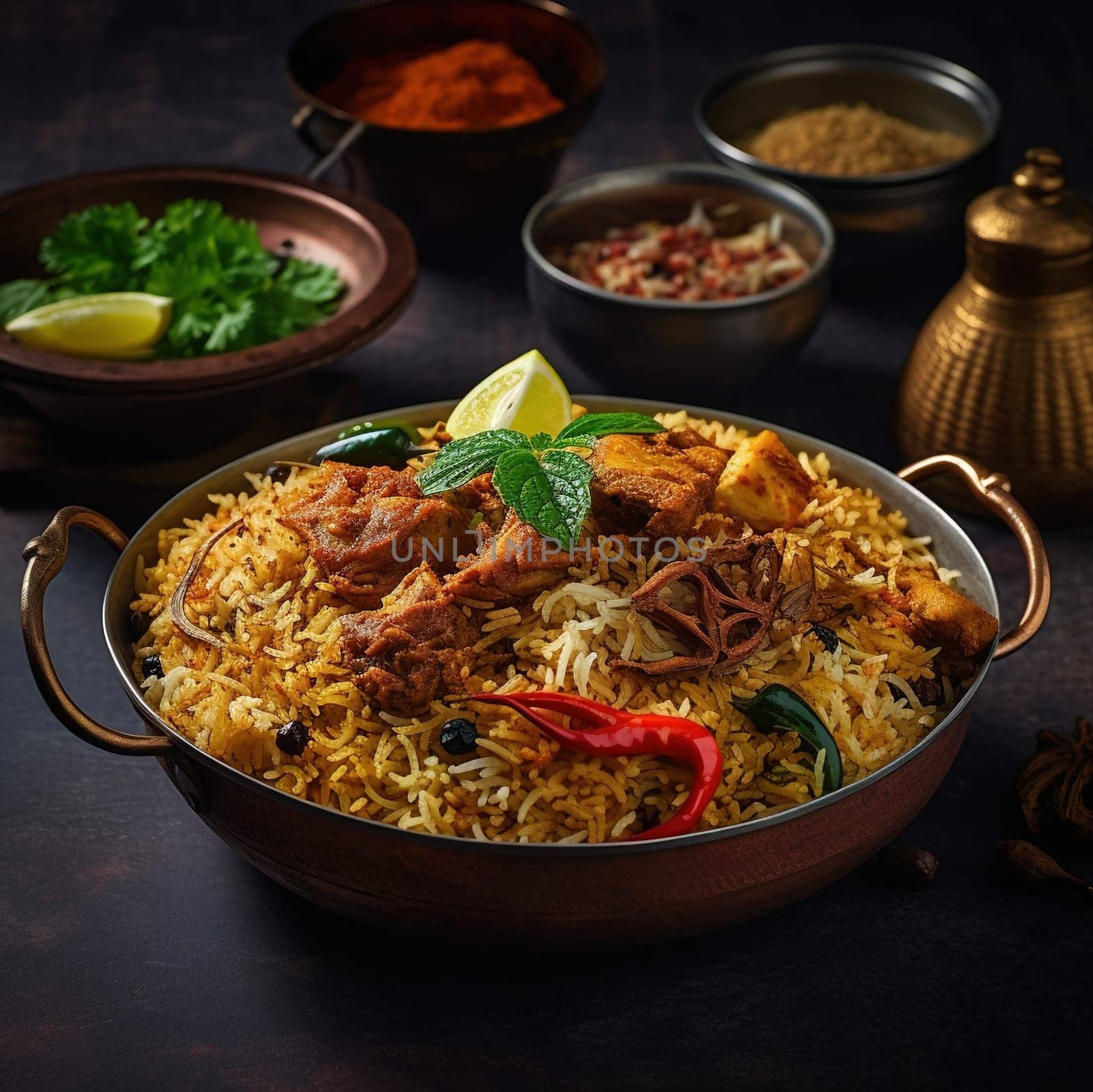 Nasi Biryani, a South Asian Indian dish of spiced rice and meat. High quality illustration