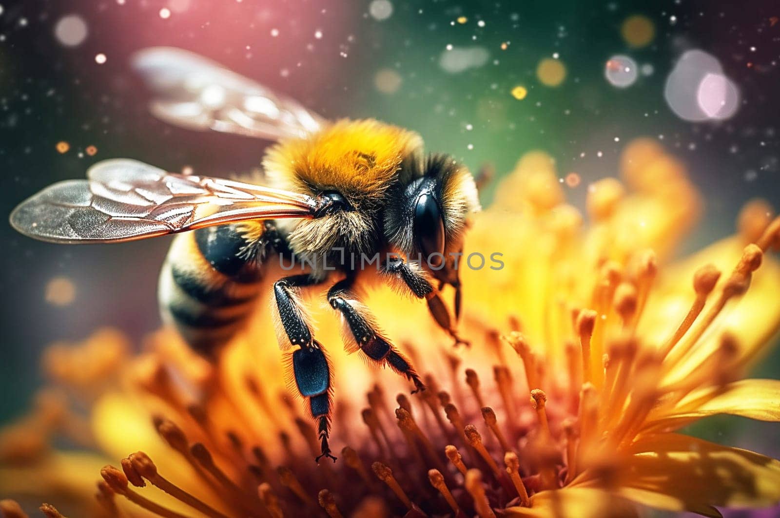 A bumblebee collects nectar on a flower, it's time to bloom, close-up. Generative AI. High quality illustration