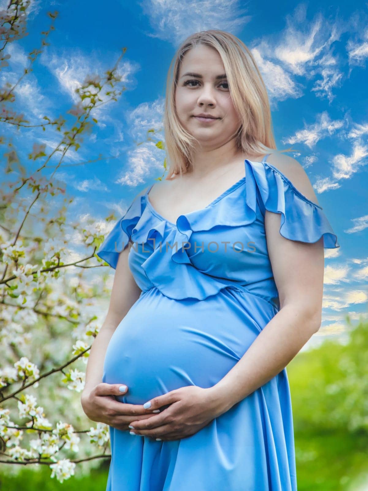 Pregnant woman in the garden of flowering apple trees. Selective focus. Nature.