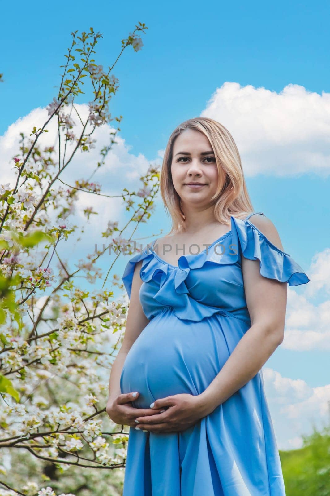 Pregnant woman in the garden of flowering apple trees. Selective focus. Nature.