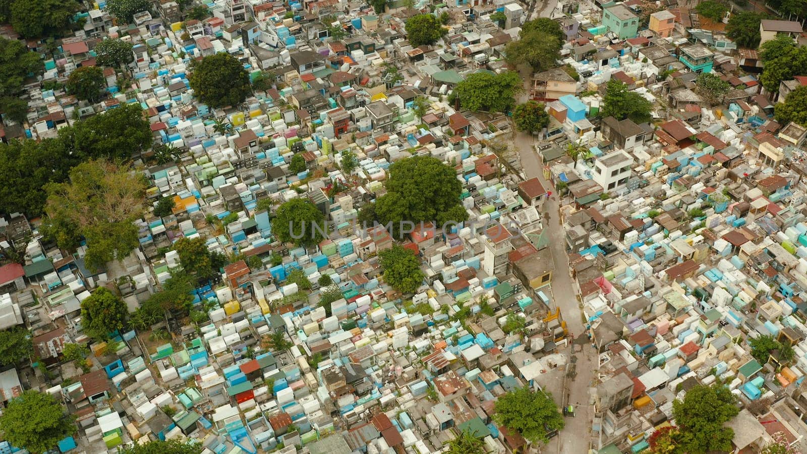 The northern cemetery in Manila from above, a tourist place where local poor people live among the graves. Travel concept.