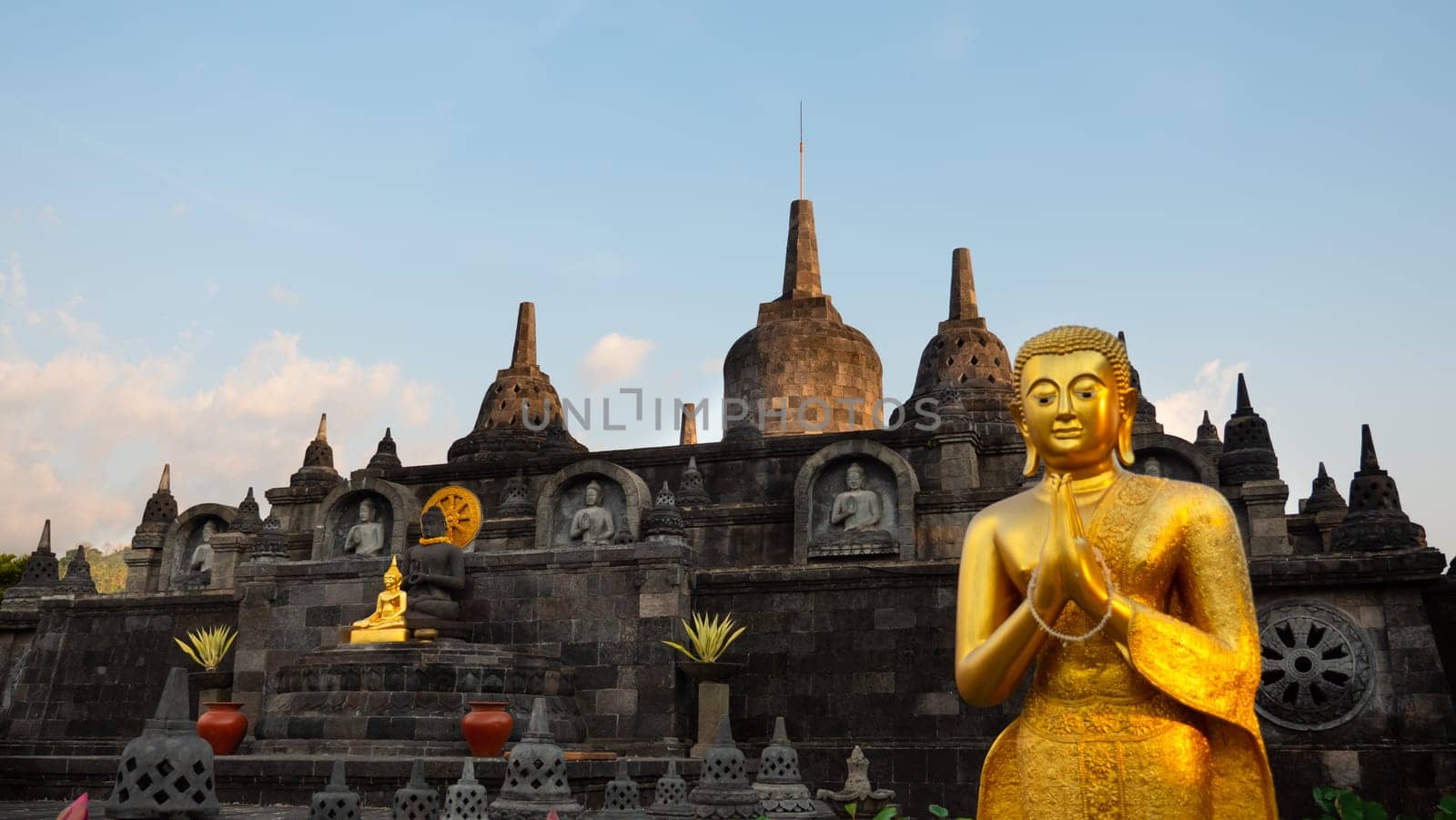 buddhist temple Brahma Vihara Arama with statues gods. balinese temple, old hindu architecture, Bali architecture, ancient design. Travel concept. indonesia