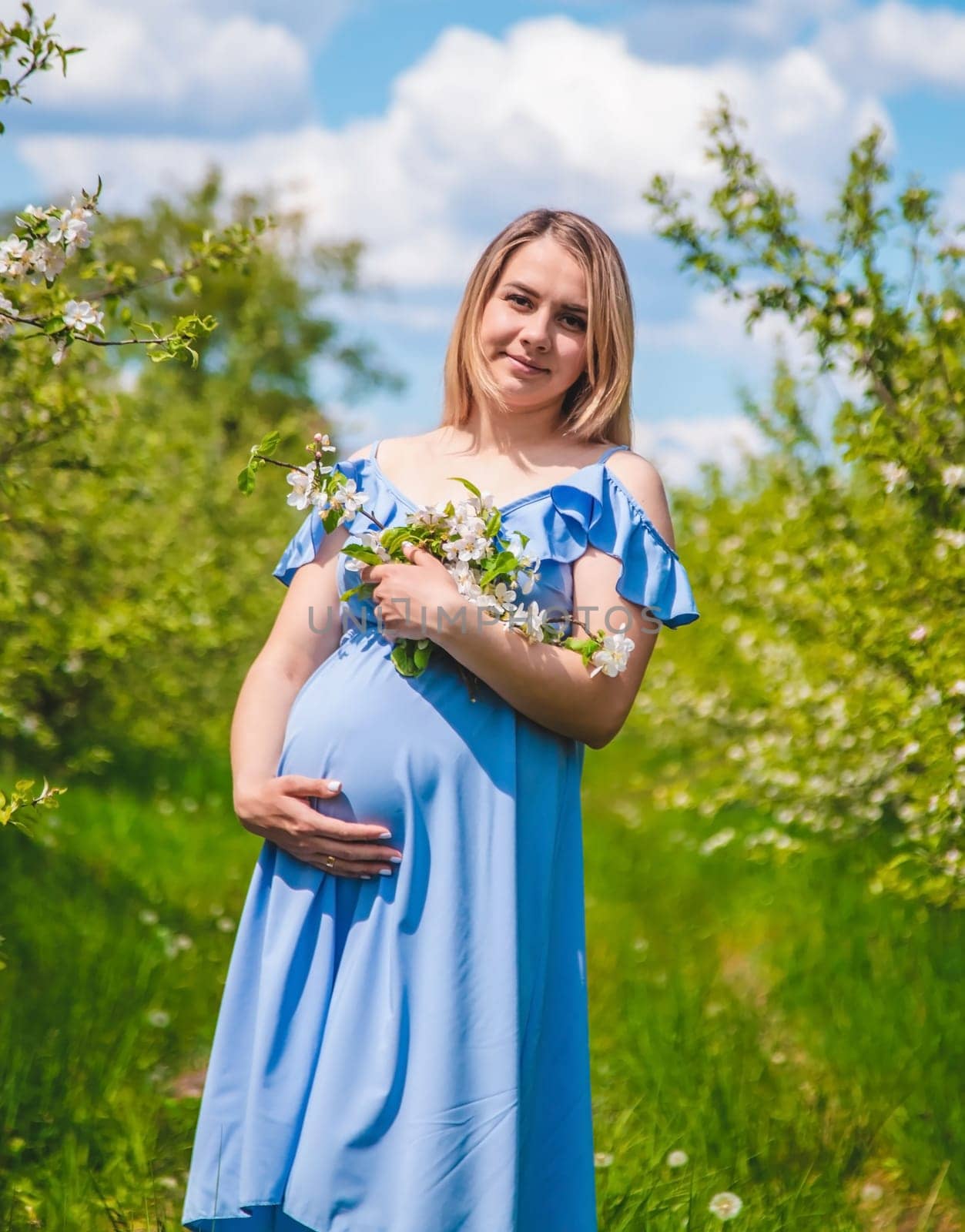 Pregnant woman in the garden of flowering apple trees. Selective focus. Nature.