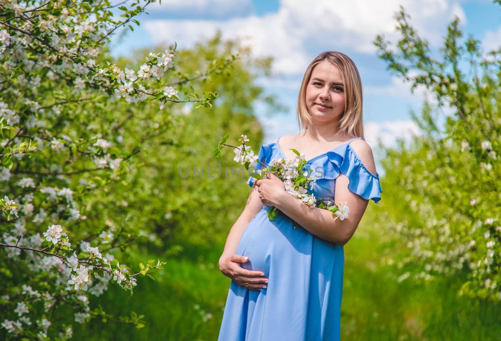 Pregnant woman in the garden of flowering apple trees. Selective focus. Nature.