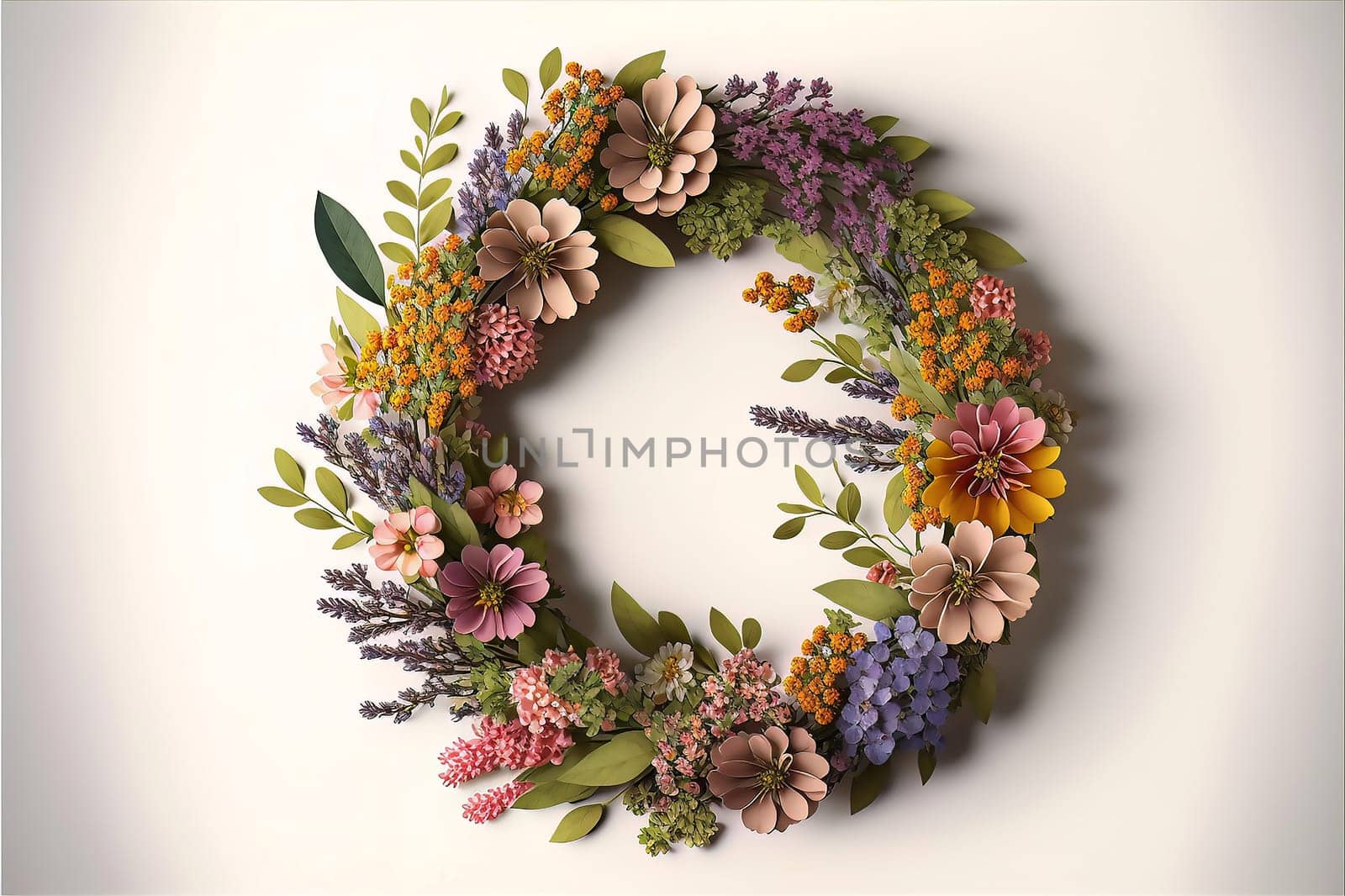 A beautiful wreath of different flowers lies on a white background. Close up. Copy space. Ai generative.