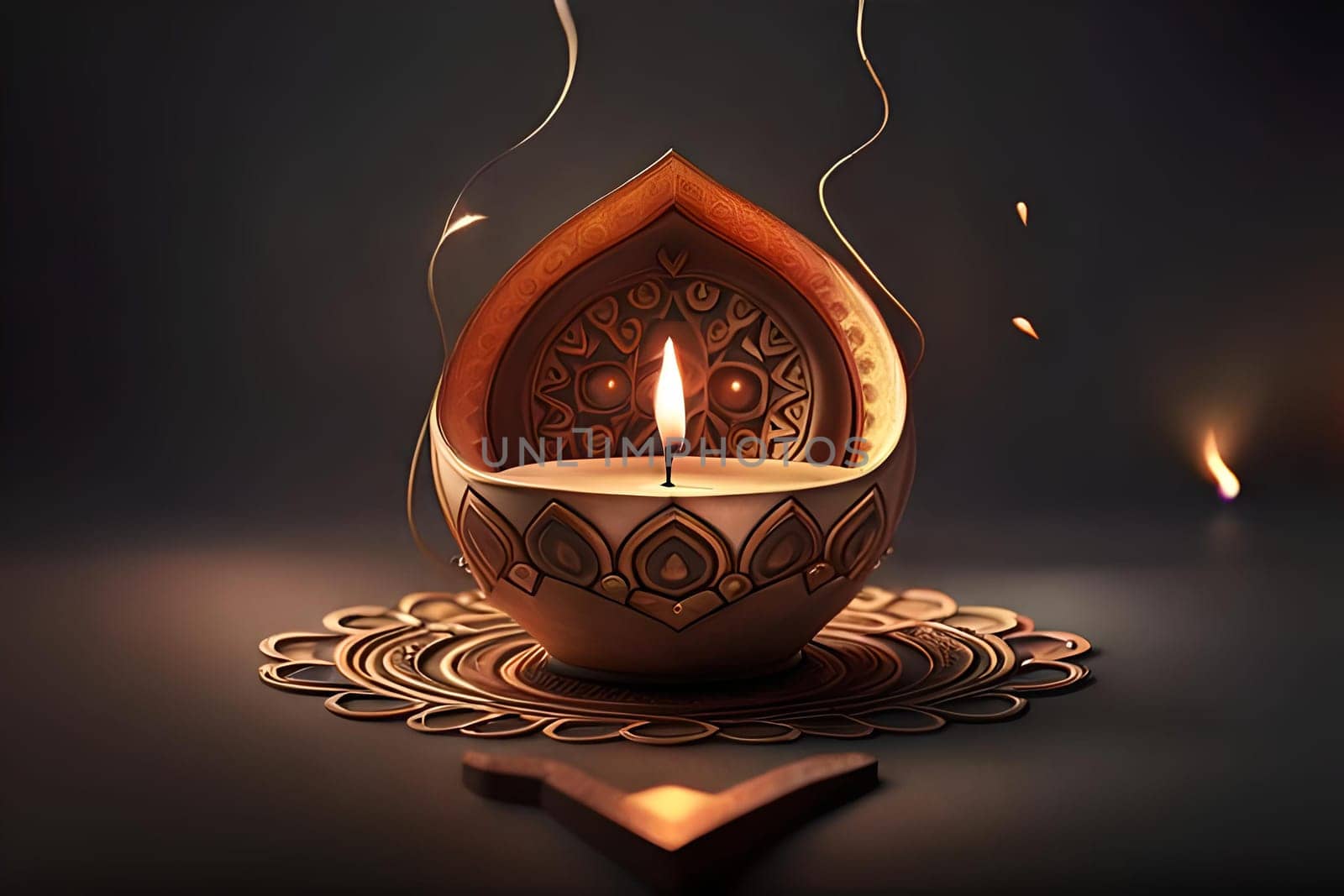 3D rendering indian lamp for diwali celebration on soft background ethereal. Colorful particle effects in the background. Gold filigree on a indian lamp. AI-generated Digital Art