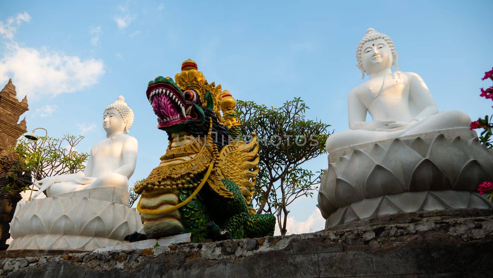 buddhist temple Brahma Vihara Arama with statues gods. balinese temple, old hindu architecture, Bali architecture, ancient design. Travel concept. indonesia