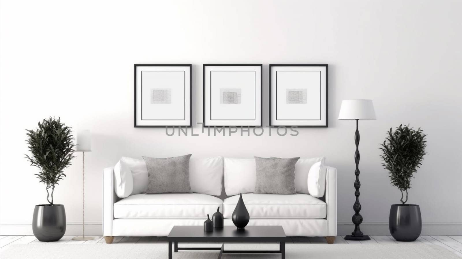 stylish living room interior with frames on the wall, generative AI. High quality photo