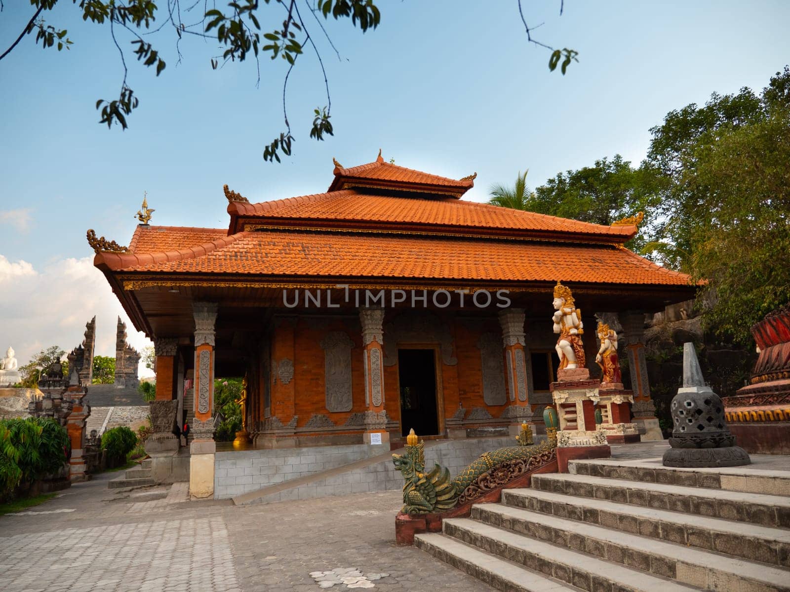 buddhist temple Brahma Vihara Arama with statues gods. balinese temple, old hindu architecture, Bali architecture, ancient design. Travel concept. indonesia
