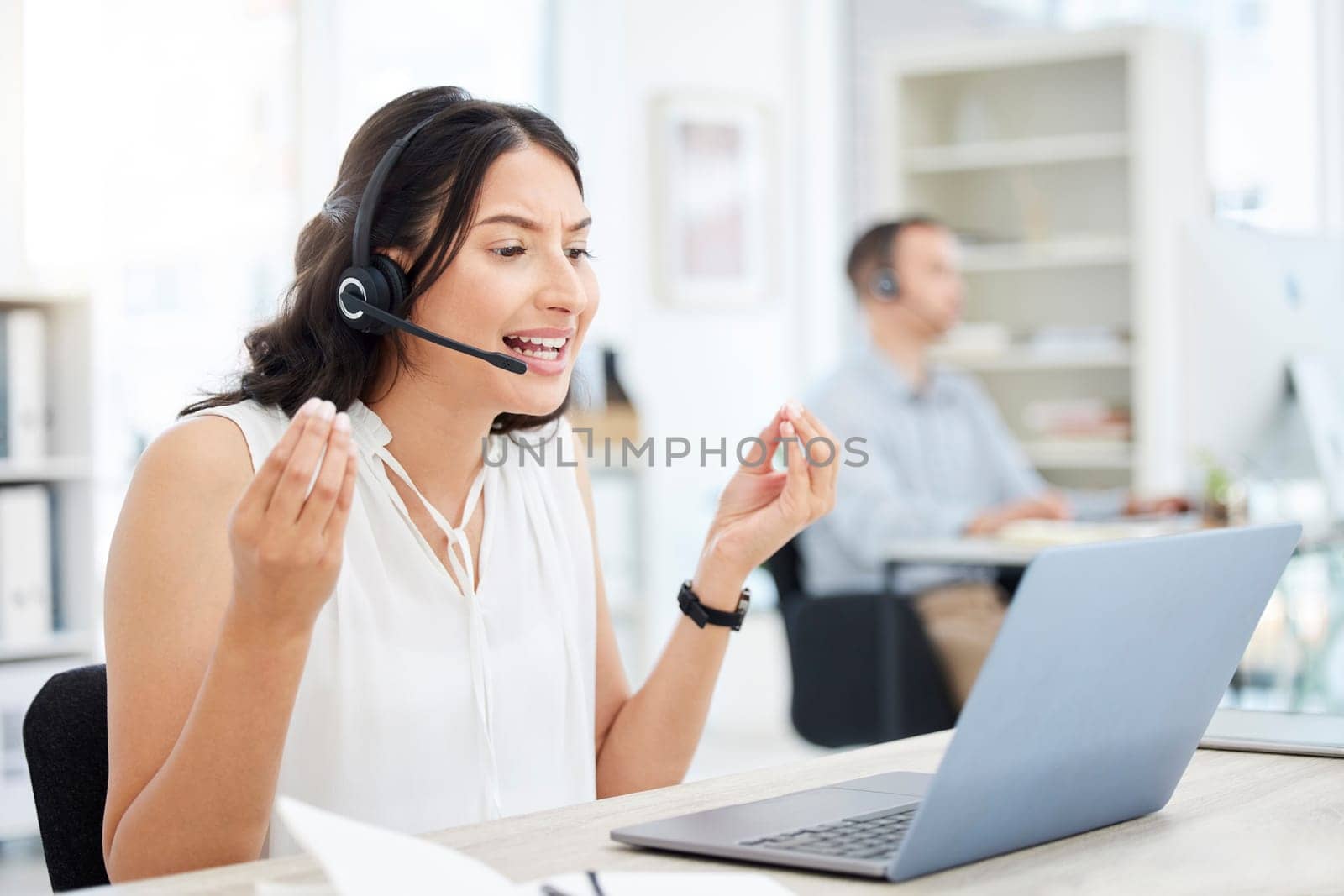 Woman, callcenter and anger, frustrated with phone call and laptop software glitch or communication fail and confused. Customer service, tech support mistake and 404 with annoyed female consultant.
