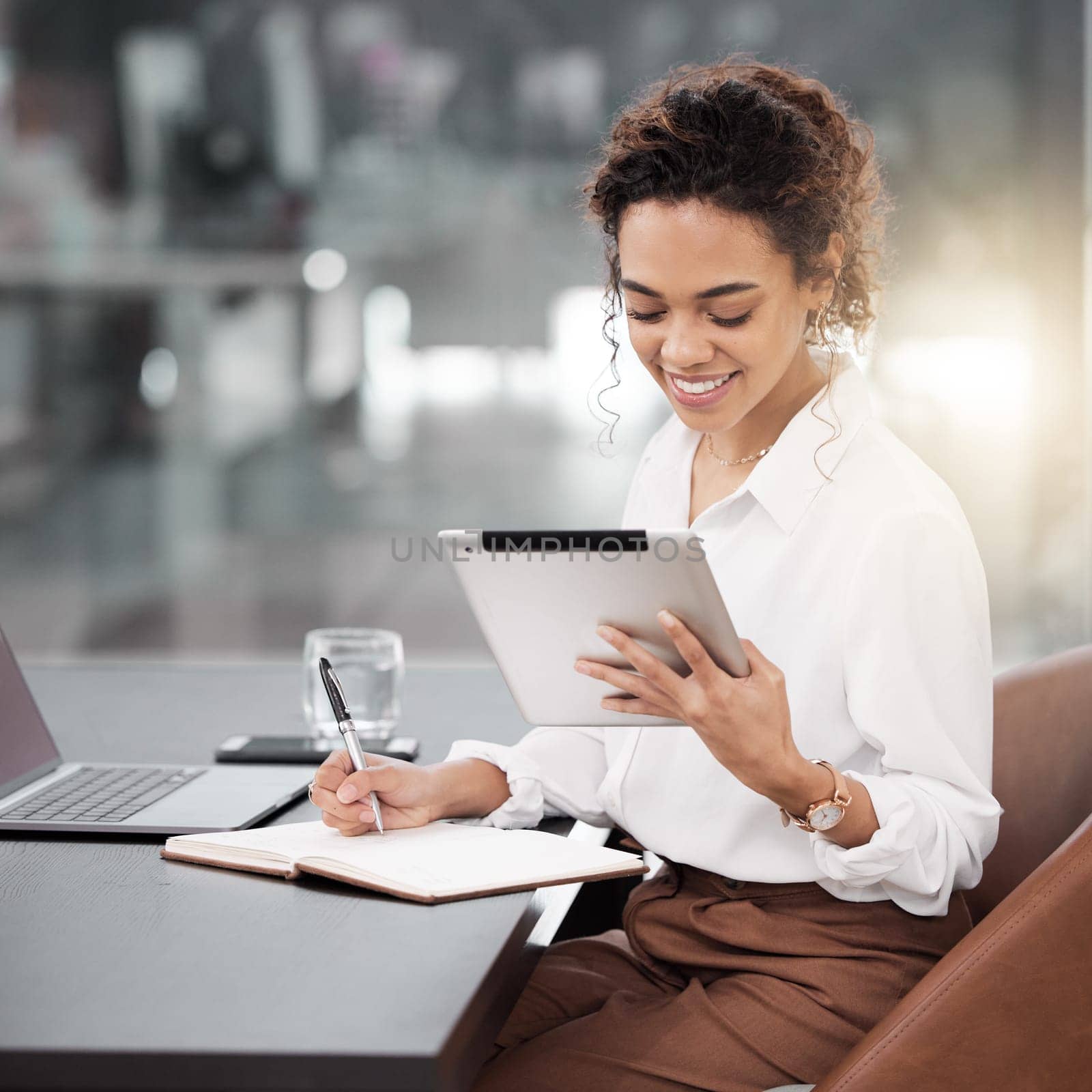 Tablet, business woman and accountant taking notes, smile and working on project. Technology, notebook and African female entrepreneur, auditor or person research for accounting, email and writing