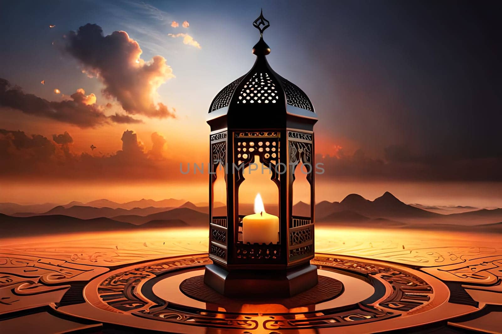 Ornamental Arabic lantern with burning candle glowing . by milastokerpro