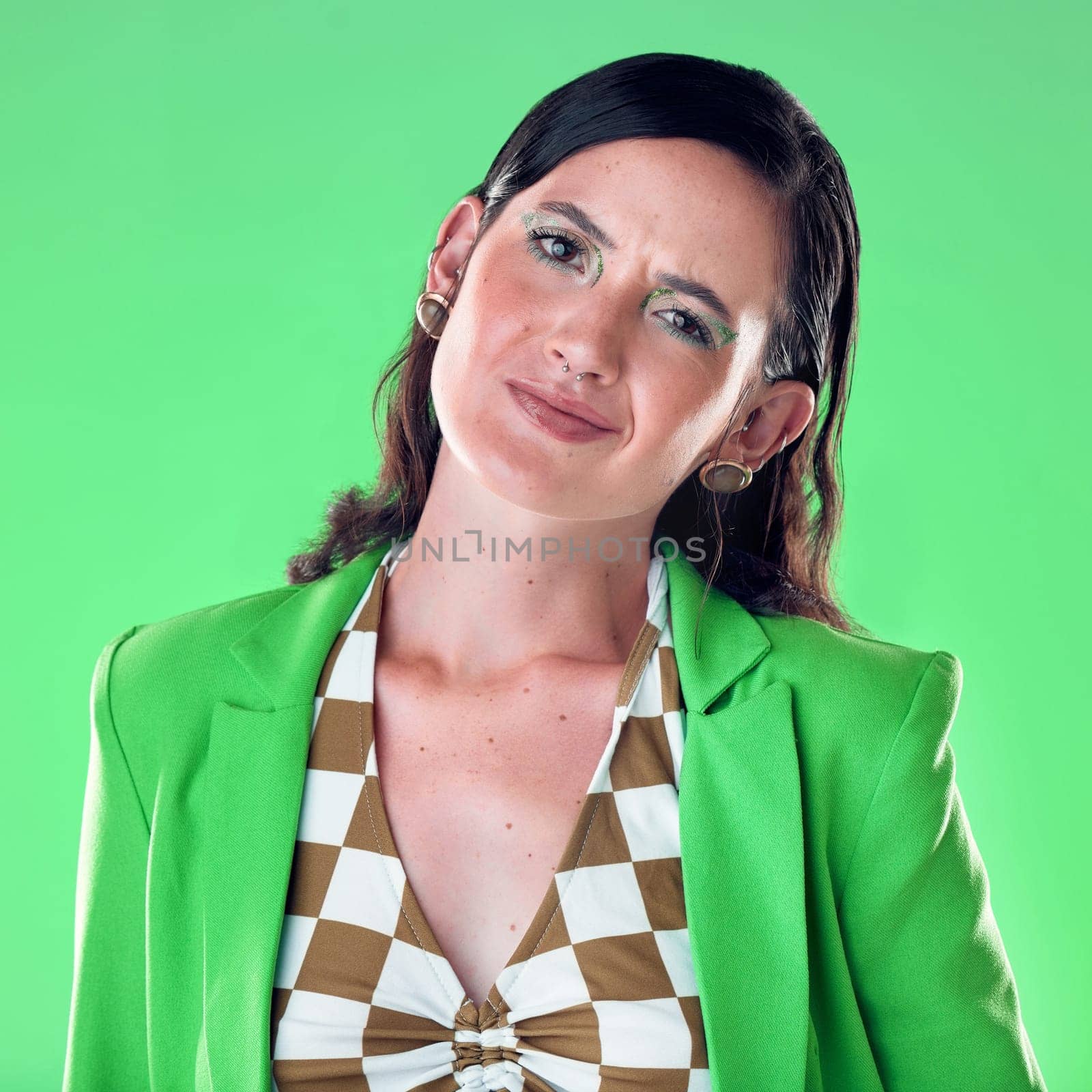 Funky, fashion and portrait of woman isolated on green background for creative cosmetics, trendy style and retro aesthetic. Face of model or person headshot for beauty, clothes and makeup in studio.