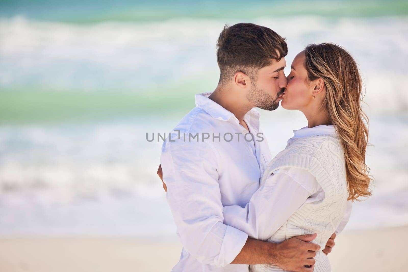 Mockup, beach or couple love to kiss on holiday vacation or romantic honeymoon to celebrate marriage commitment. Travel, trust or woman bonding, kissing or hugging partner in summer romance at sea.