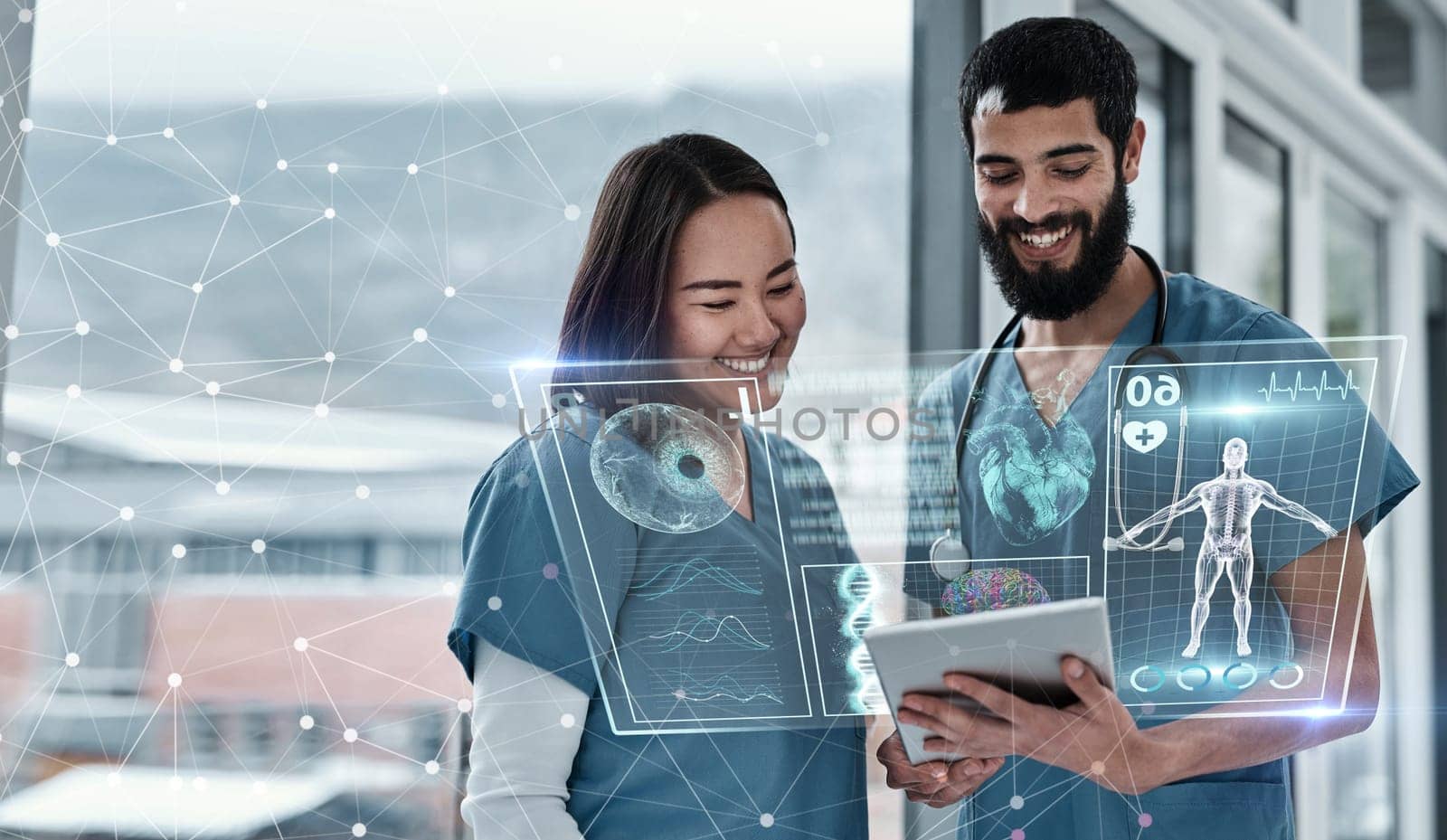 Tablet, team work or doctors with 3d holographic overlay of neurology anatomy research in hospital clinic. Data analysis, ai or medical healthcare workers working together to help science development by YuriArcurs