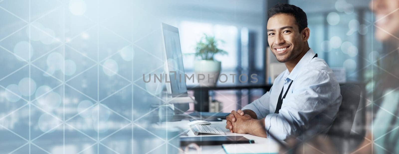 Portrait, overlay or businessman typing on computer or networking online in a office building for goals or success. Mockup, digital or happy financial investor in sales smiles with pride at desk by YuriArcurs