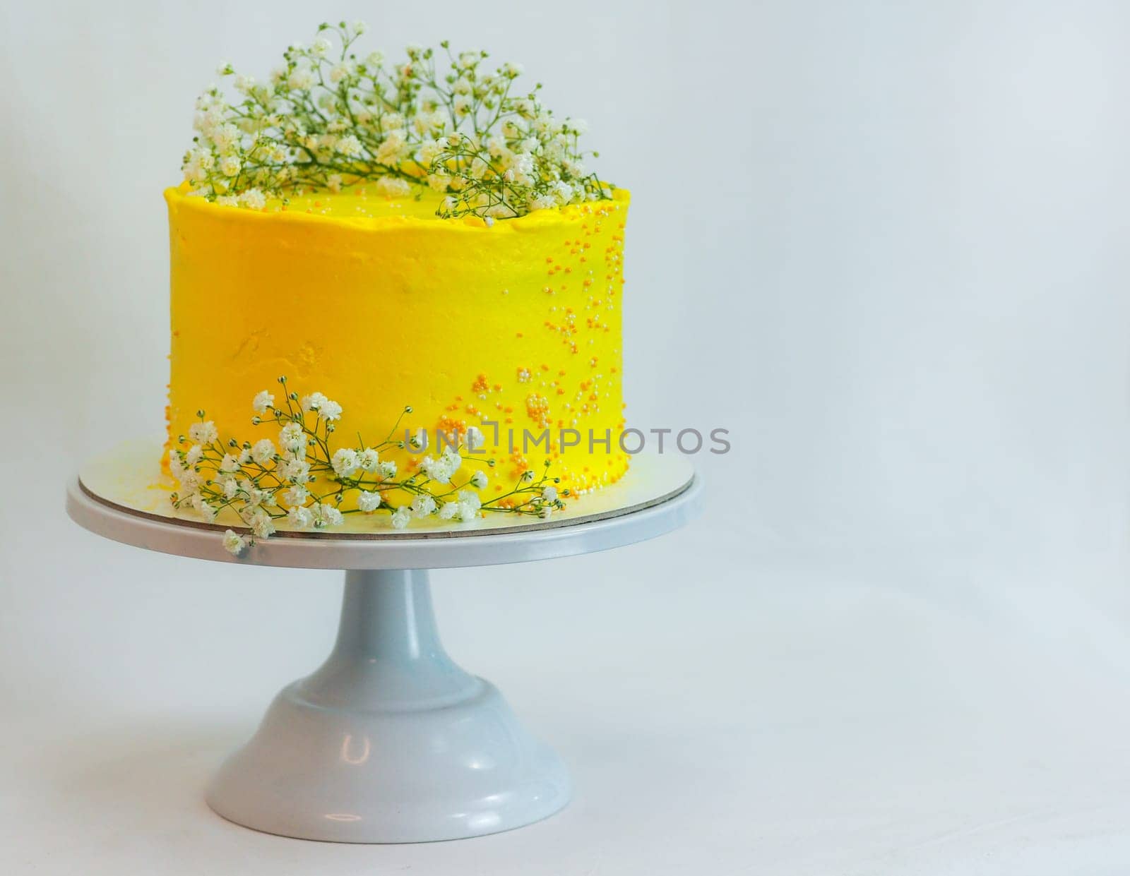 studio shot of yellow celebration frosted cup cake with wild white flowers isolated on white background