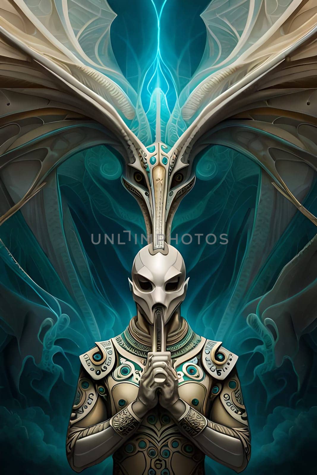 A painting of a man with a blue mask and horns. Digital painting illustration