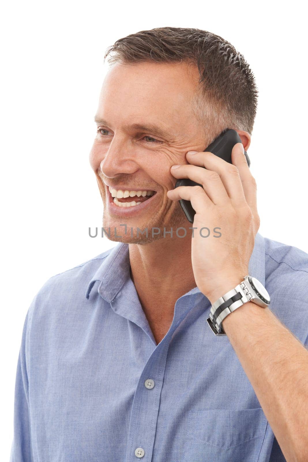 Phone call, contact and communication with a mature man in studio isolated on a white background. Mobile, talking and conversation with a handsome male on blank space for networking or chatting.